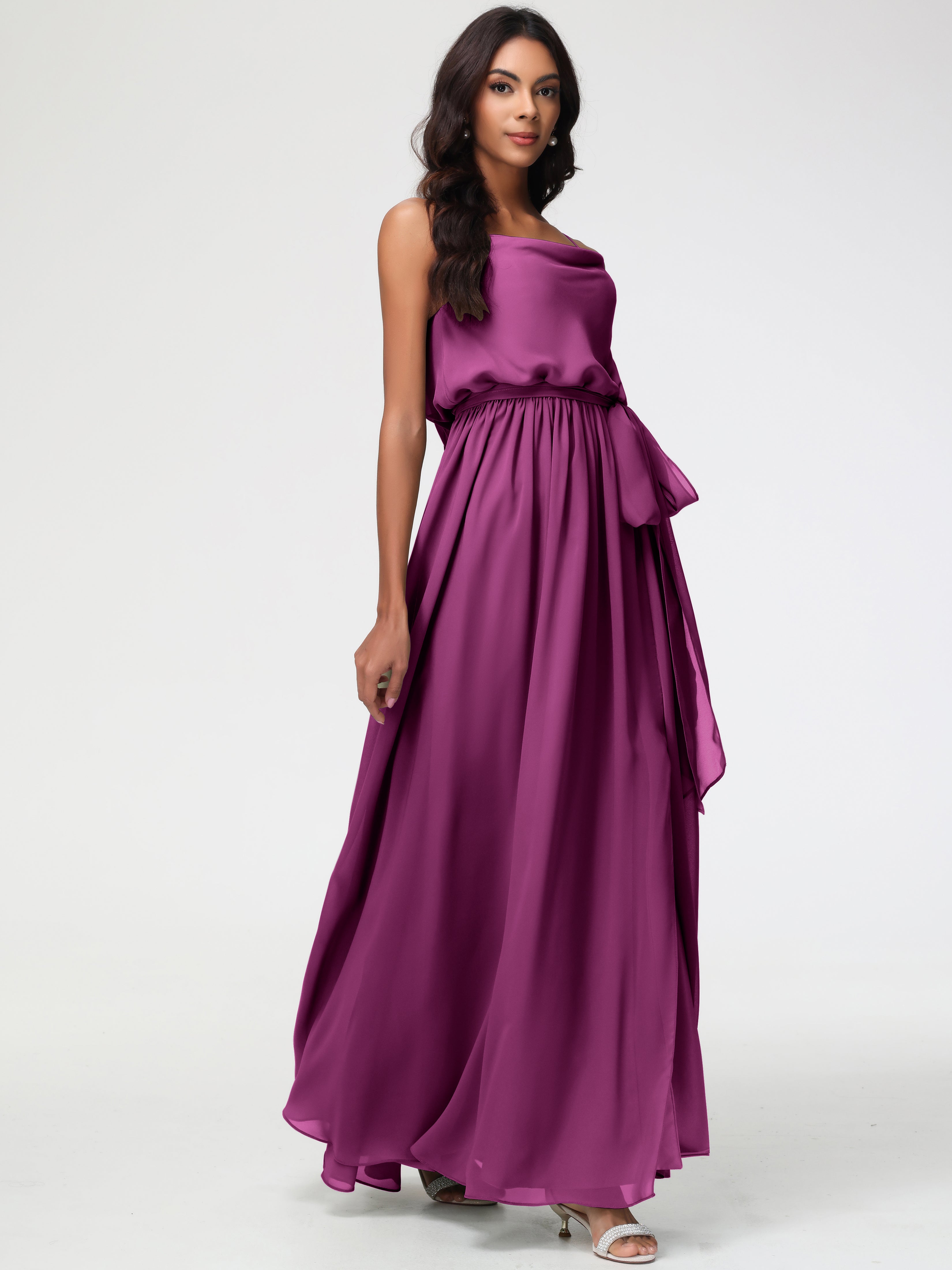 Robes De Demoiselle D'Honneur Orchidée Bretelles Spaghetti Col Bénitier Trapèze Mousseline Robe Demoiselle D'Honneur