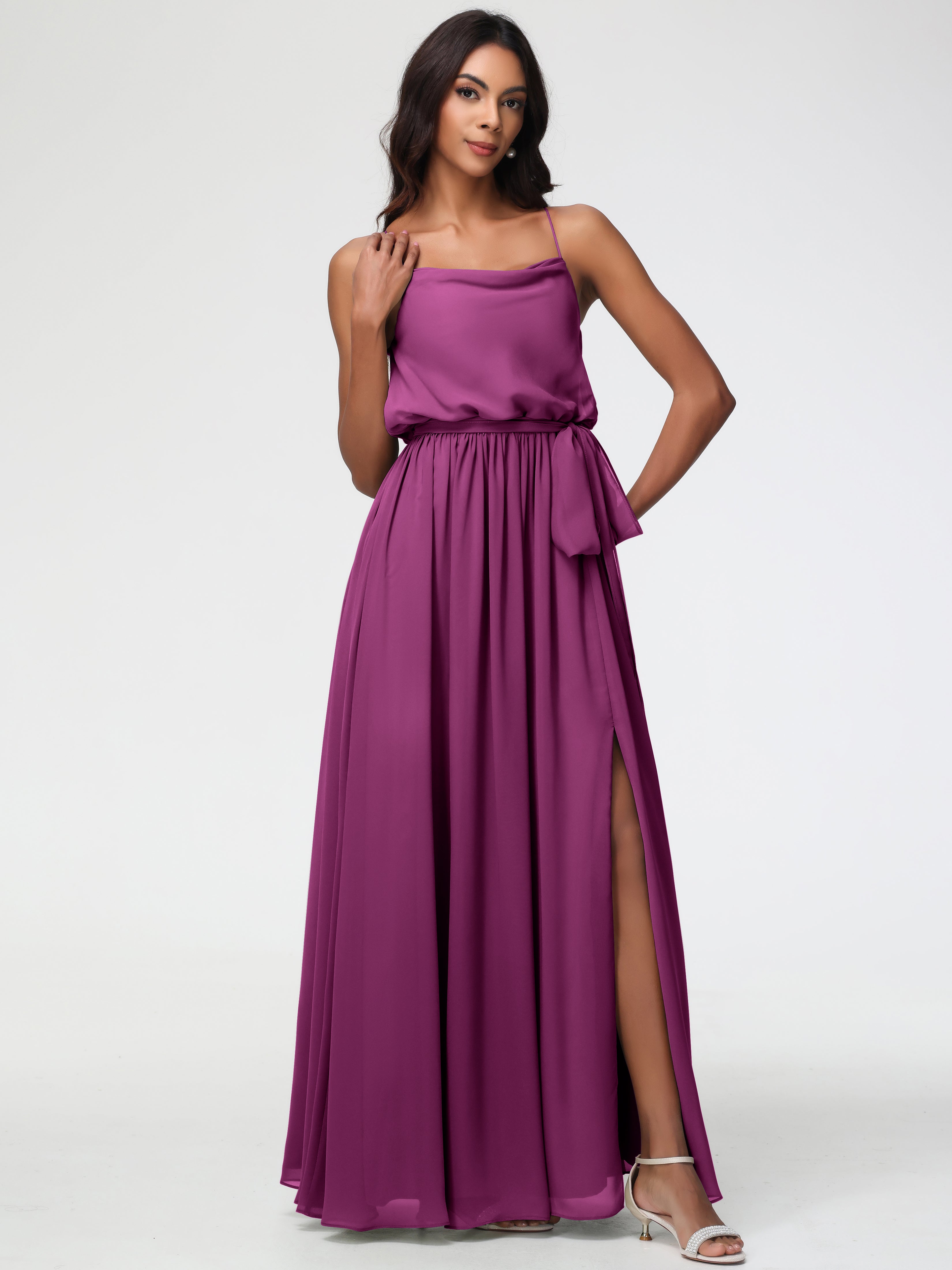 Robes De Demoiselle D'Honneur Orchidée Bretelles Spaghetti Col Bénitier Trapèze Mousseline Robe Demoiselle D'Honneur
