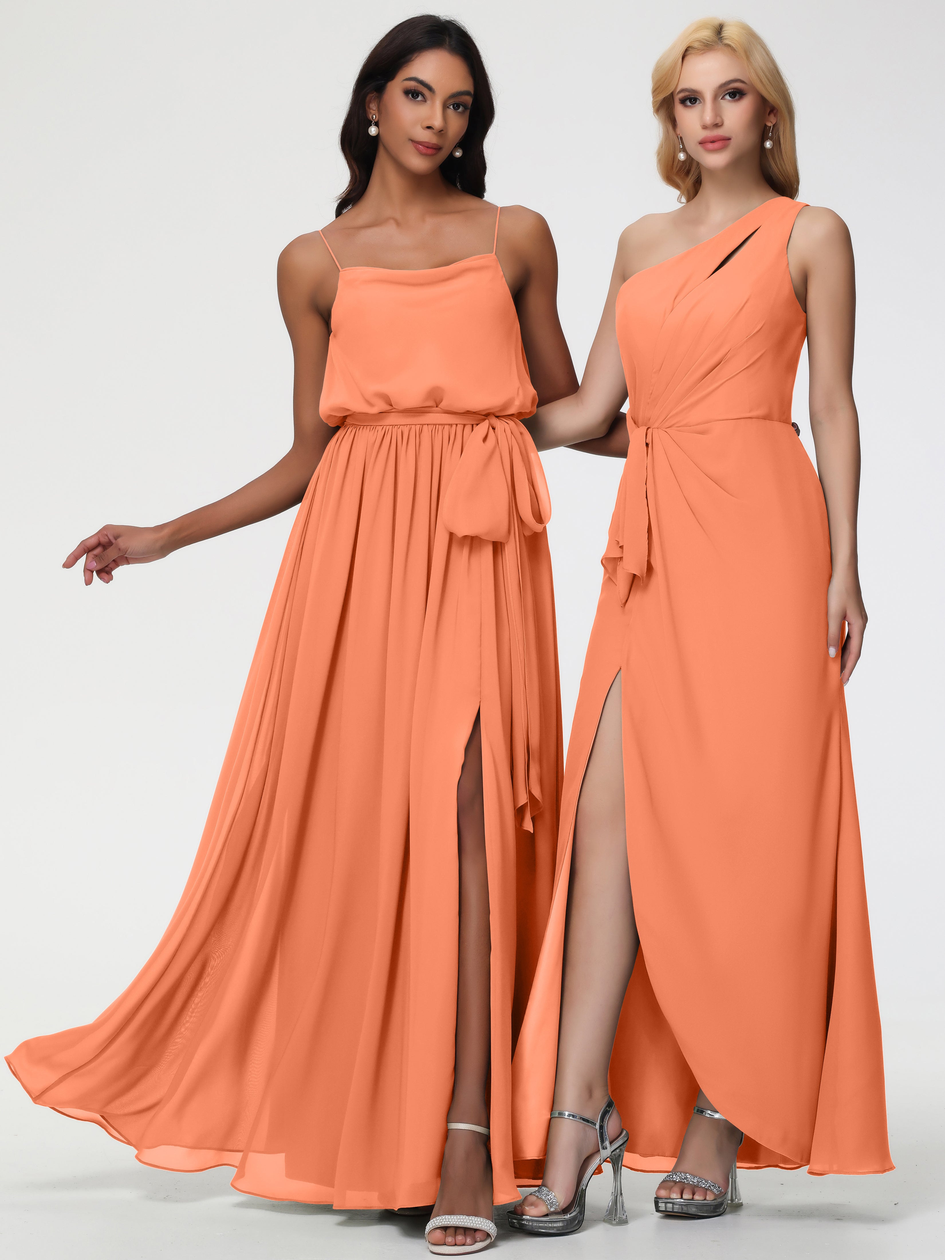 Robes De Demoiselle D'Honneur Papaye Bretelles Spaghetti Col Bénitier Trapèze Mousseline Robe Demoiselle D'Honneur