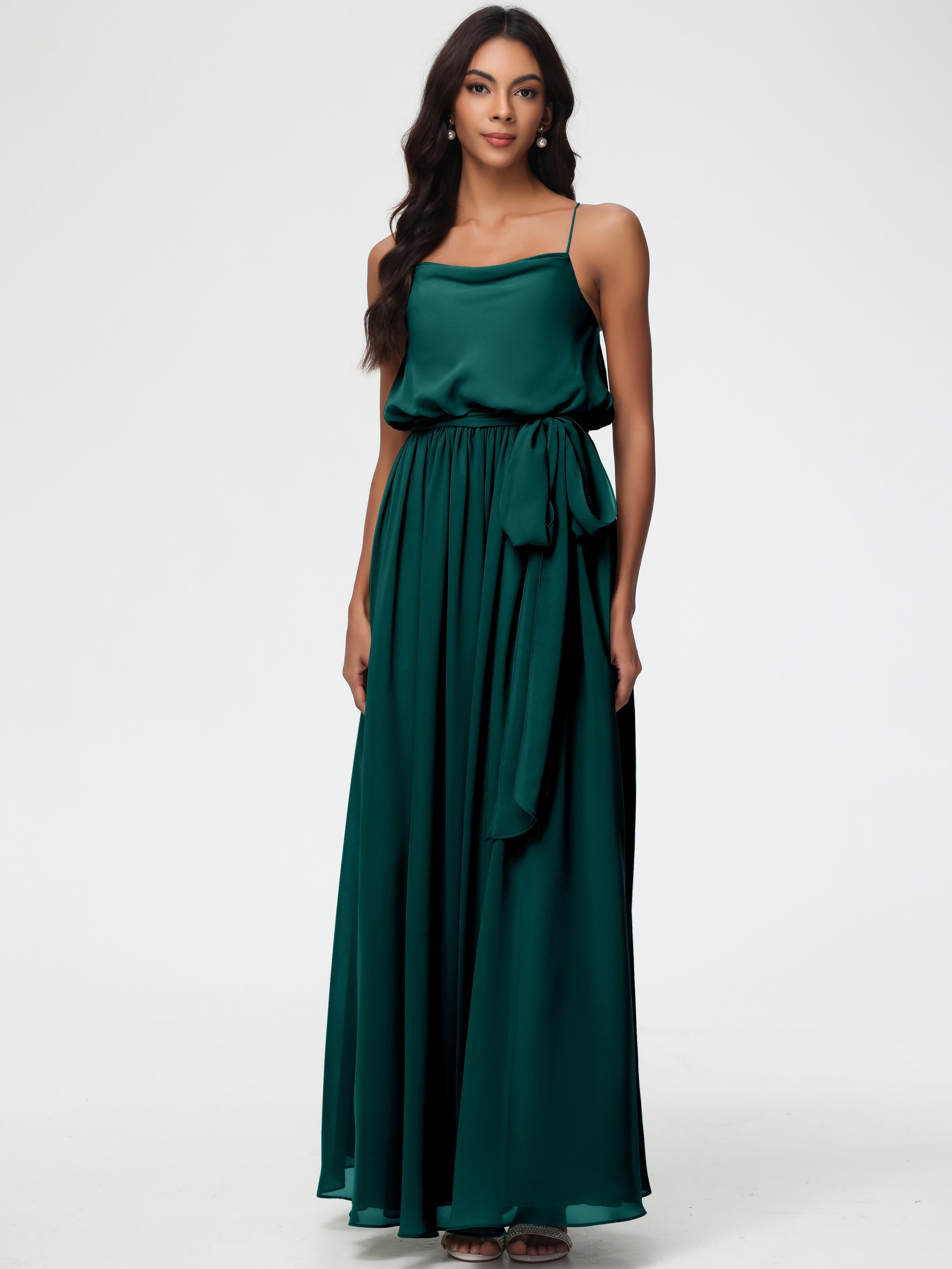 Robe Demoiselle D Honneur Bleu Paon Bretelles Spaghetti Col Bénitier Trapèze Mousseline Robe Demoiselle D'Honneur