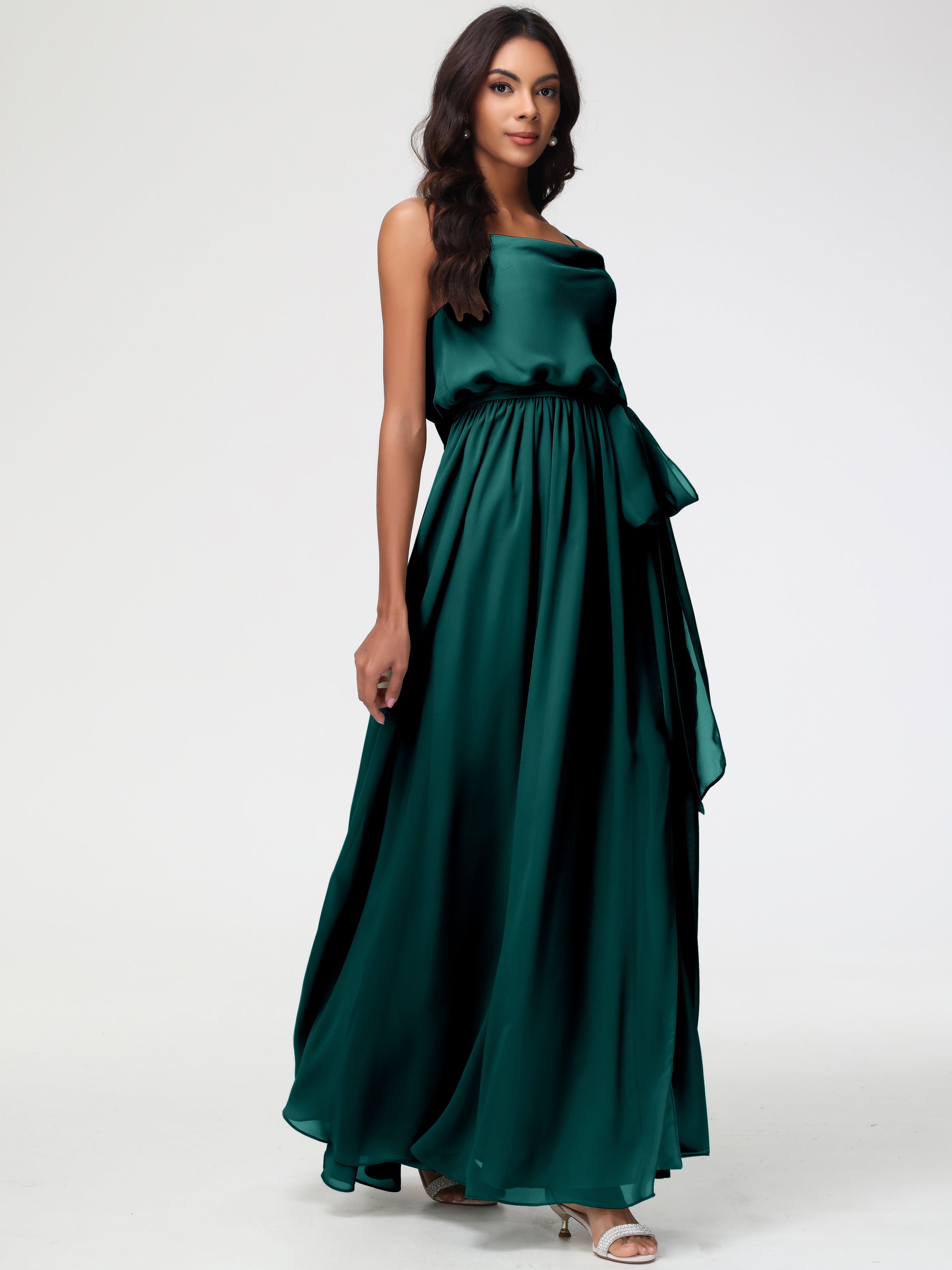Robe Demoiselle D Honneur Bleu Paon Bretelles Spaghetti Col Bénitier Trapèze Mousseline Robe Demoiselle D'Honneur
