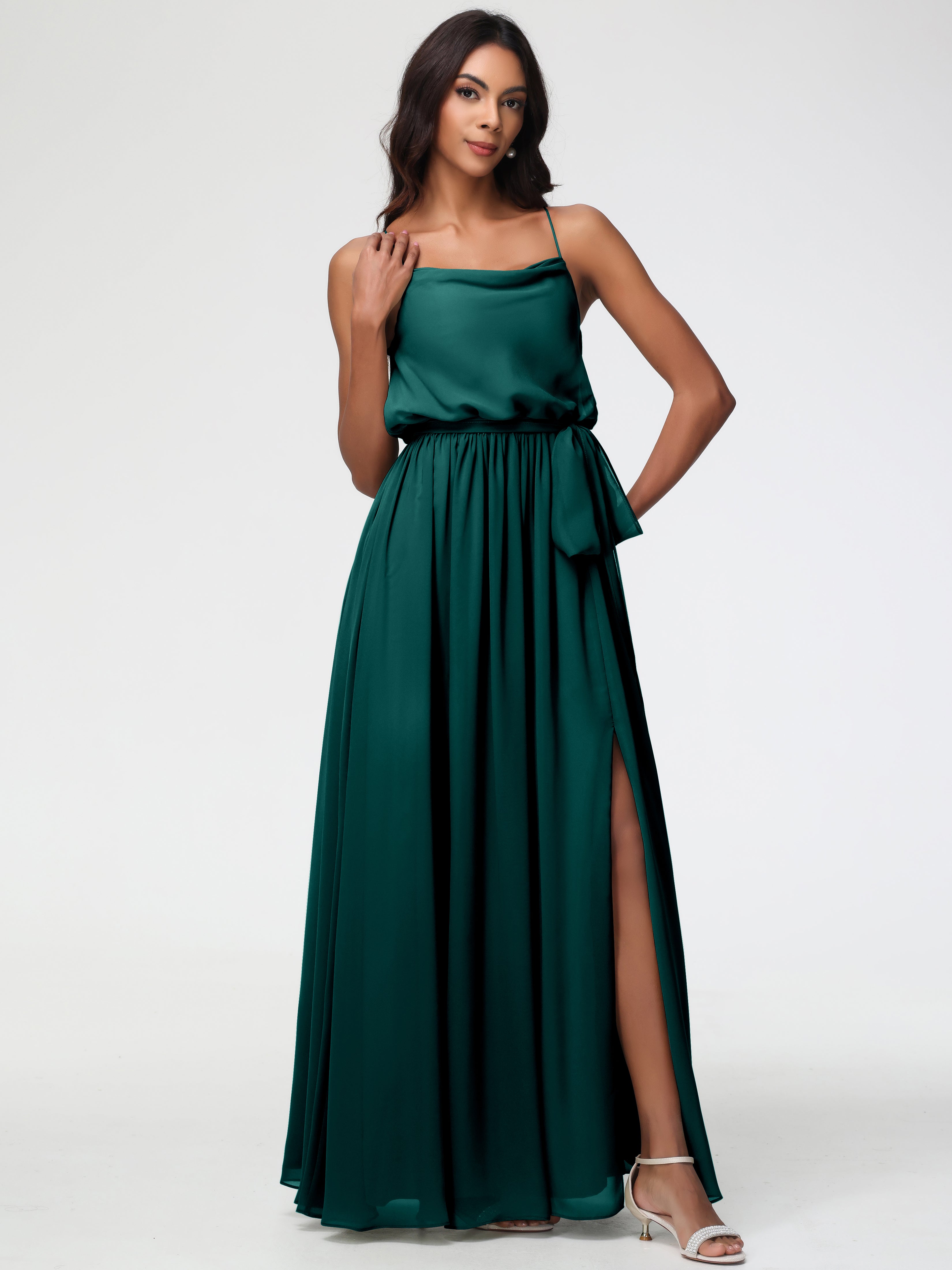 Robe Demoiselle D Honneur Bleu Paon Bretelles Spaghetti Col Bénitier Trapèze Mousseline Robe Demoiselle D'Honneur