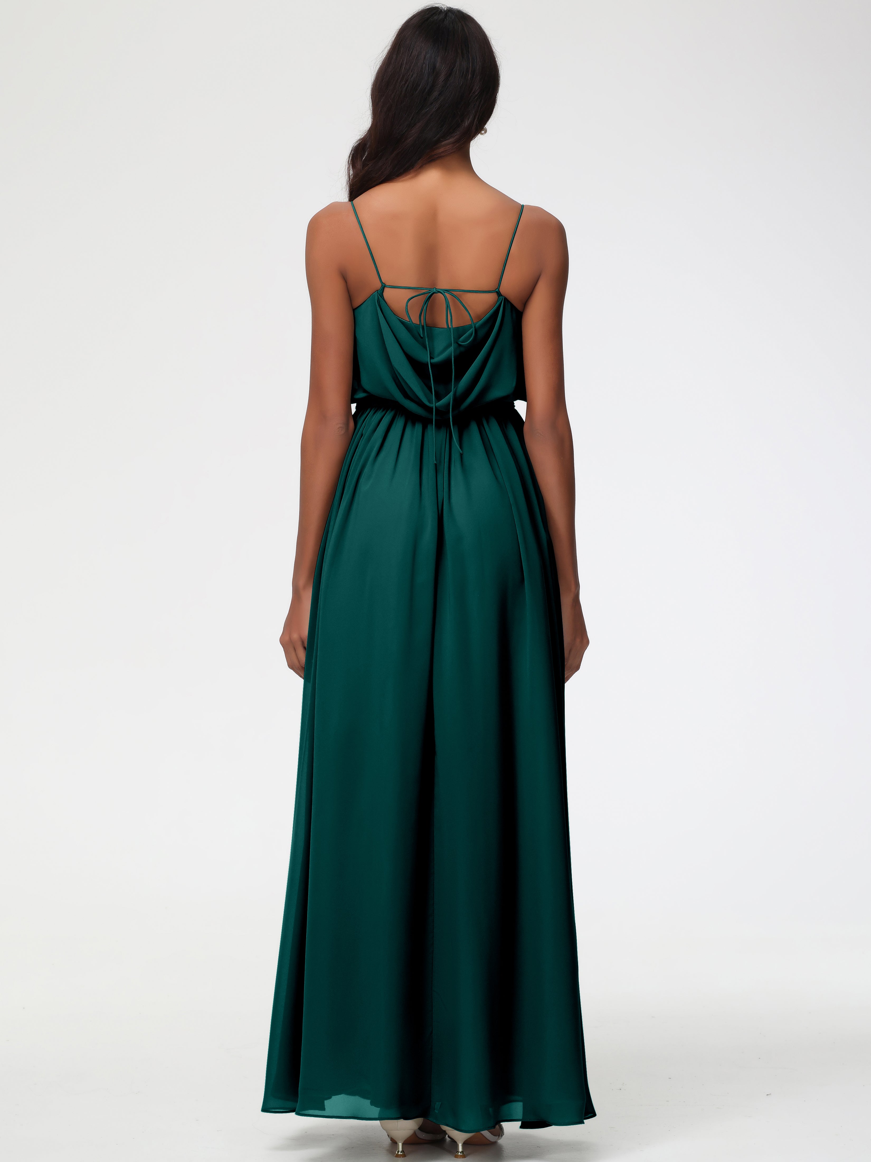 Robe Demoiselle D Honneur Bleu Paon Bretelles Spaghetti Col Bénitier Trapèze Mousseline Robe Demoiselle D'Honneur
