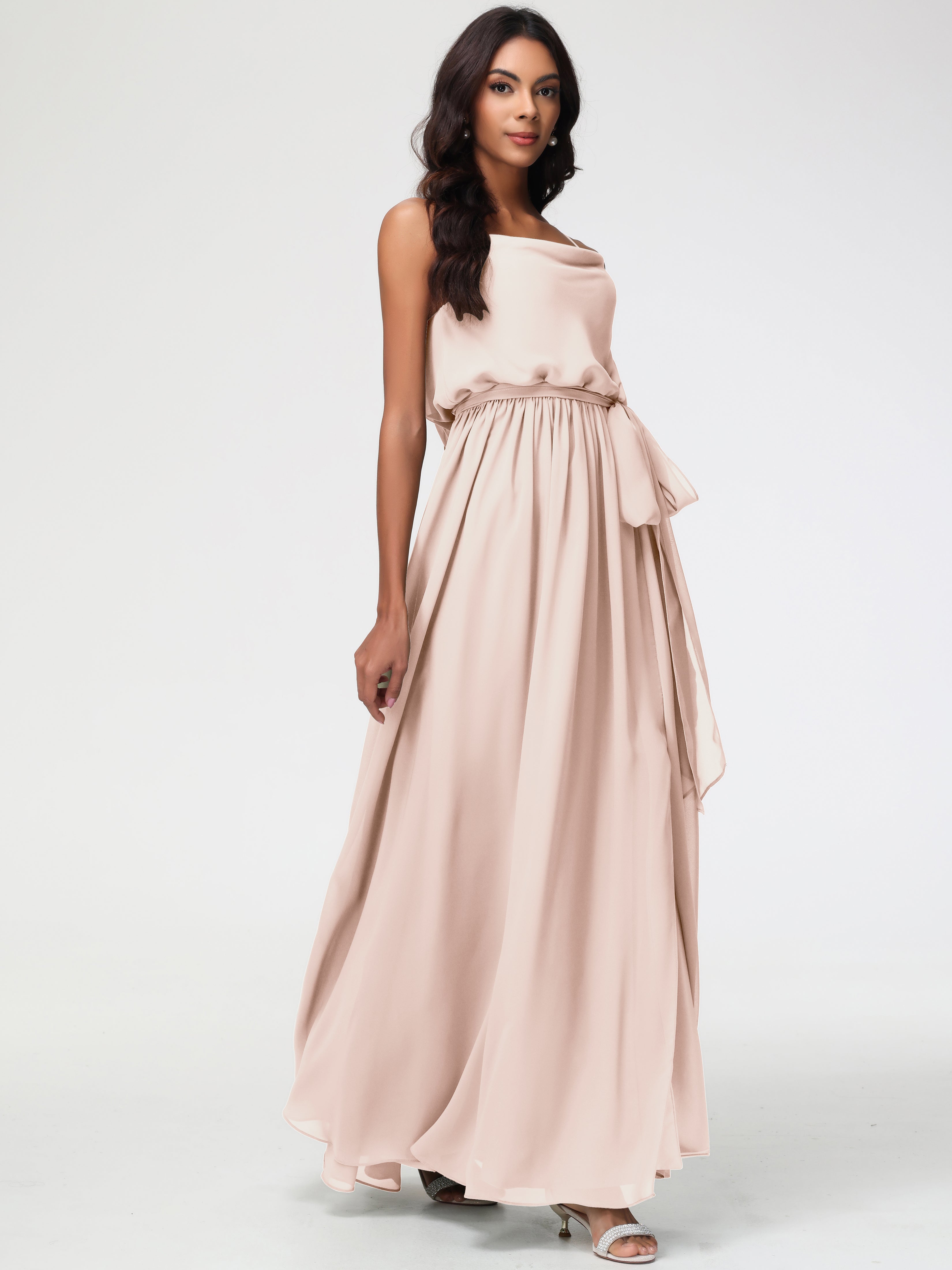 Robe De Demoiselle D'Honneur En Perles Bretelles Spaghetti Col Bénitier Trapèze Mousseline Robe Demoiselle D'Honneur