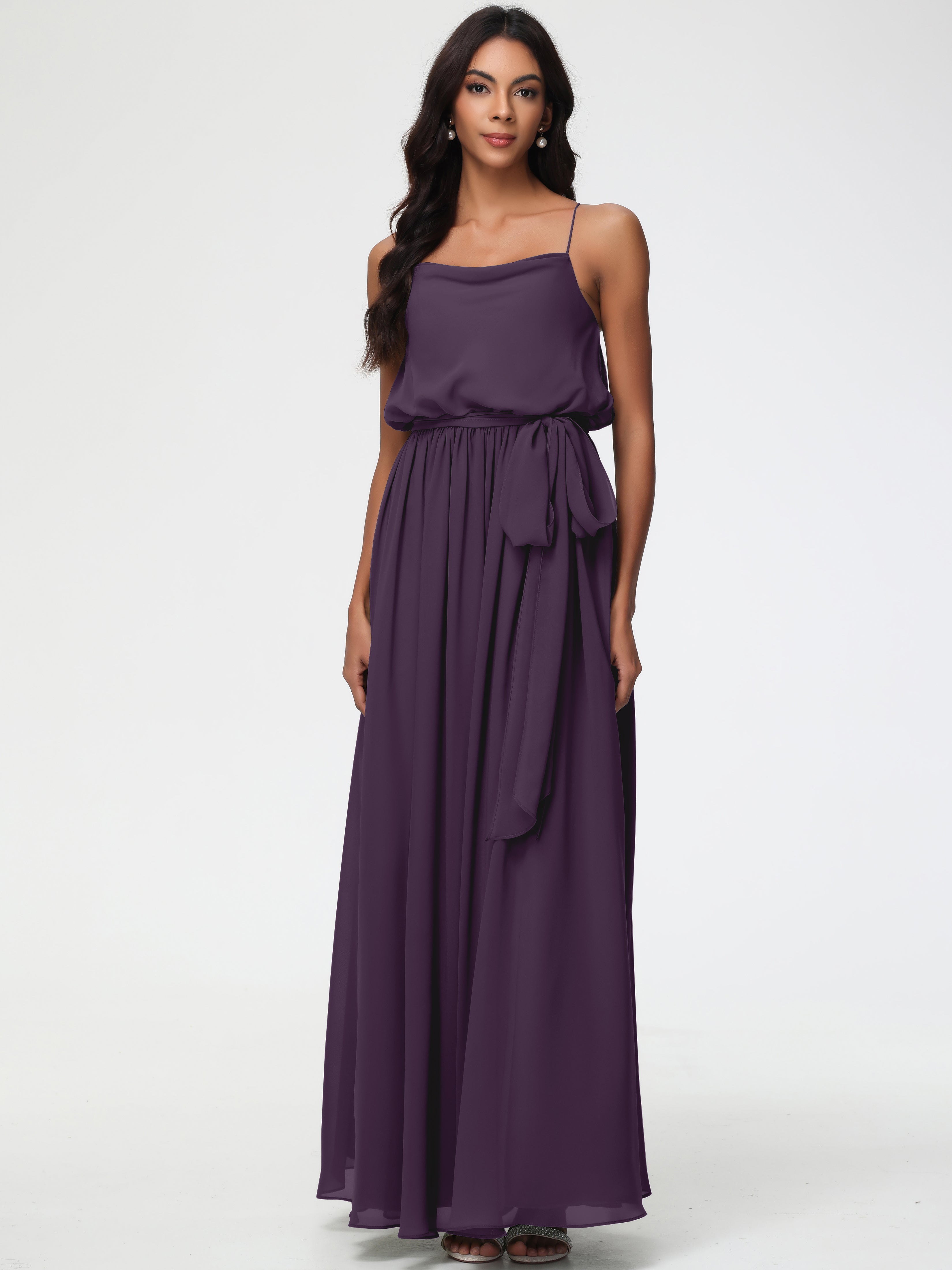 Robe Demoiselle D Honneur Plume Bretelles Spaghetti Col Bénitier Trapèze Mousseline Robe Demoiselle D'Honneur