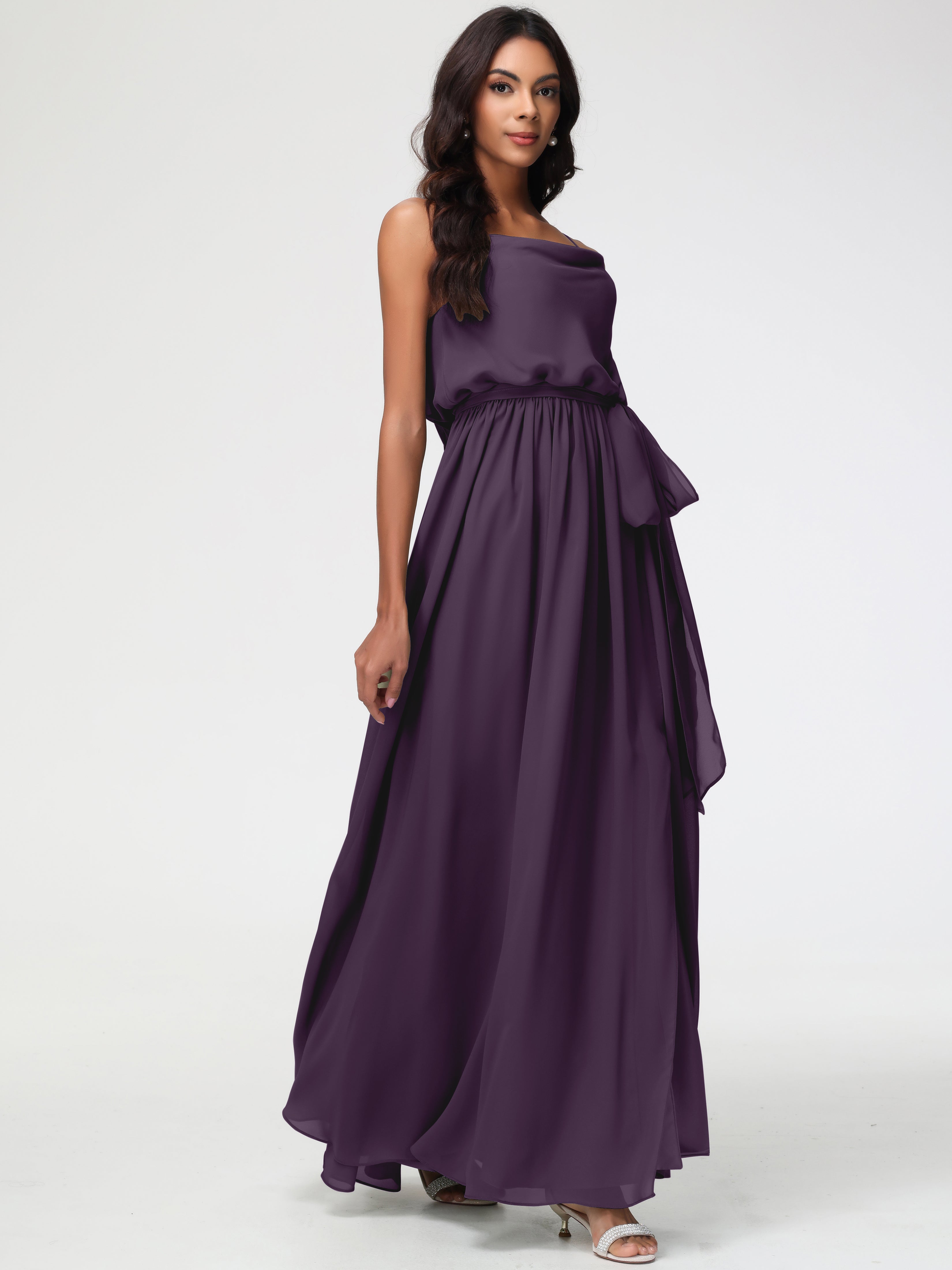 Robe Demoiselle D Honneur Plume Bretelles Spaghetti Col Bénitier Trapèze Mousseline Robe Demoiselle D'Honneur
