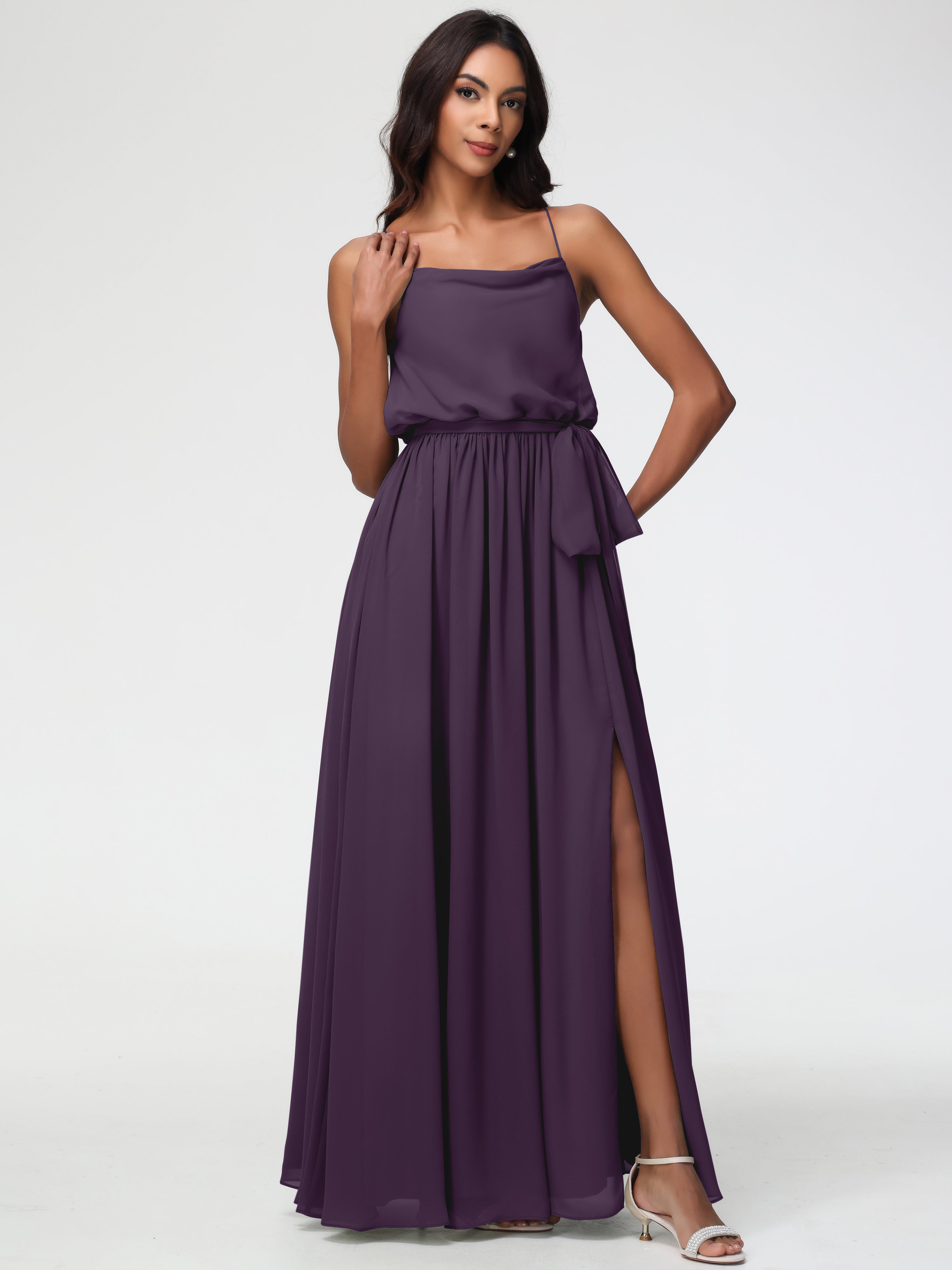 Robe Demoiselle D Honneur Plume Bretelles Spaghetti Col Bénitier Trapèze Mousseline Robe Demoiselle D'Honneur