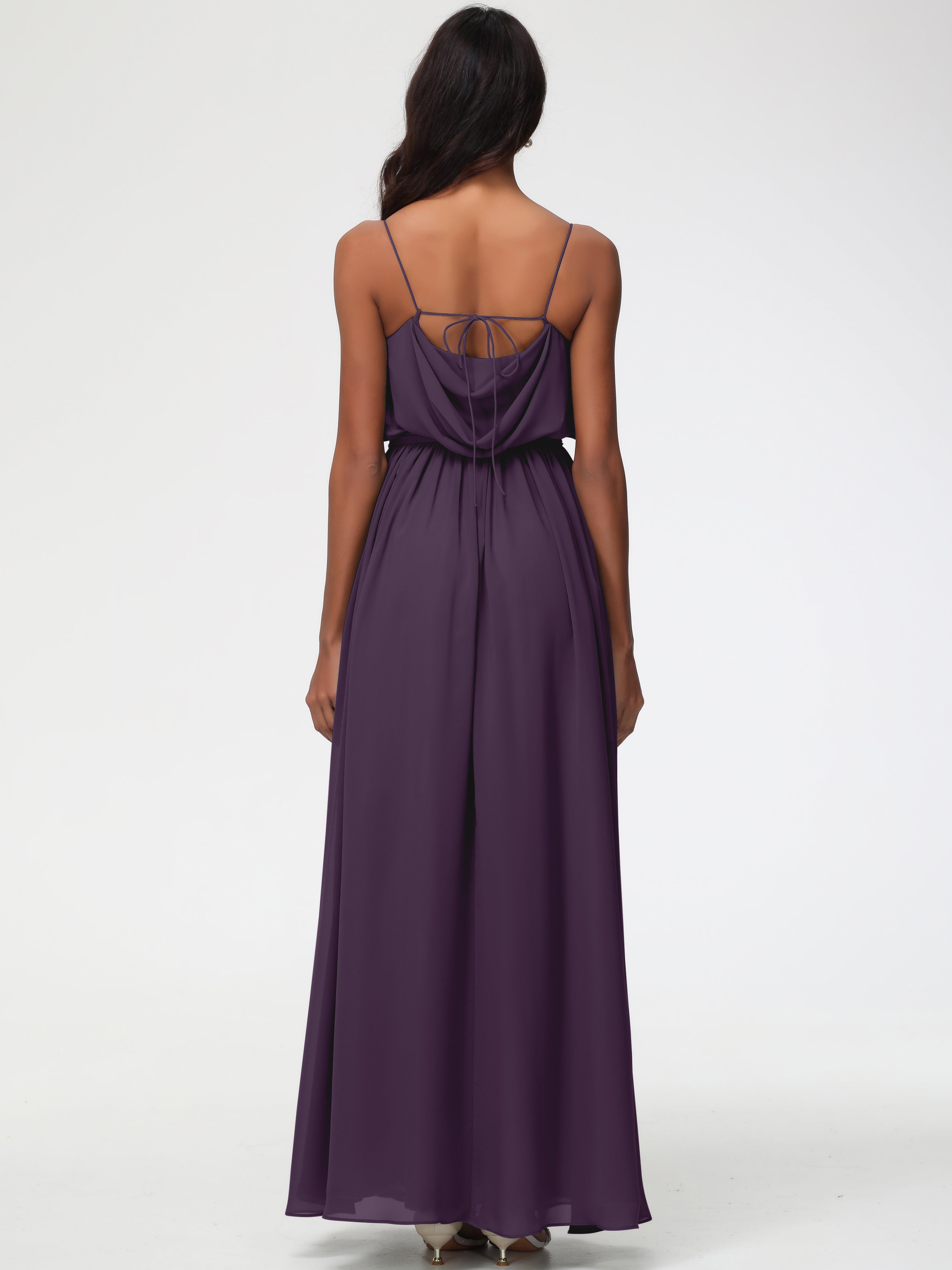 Robe Demoiselle D Honneur Plume Bretelles Spaghetti Col Bénitier Trapèze Mousseline Robe Demoiselle D'Honneur