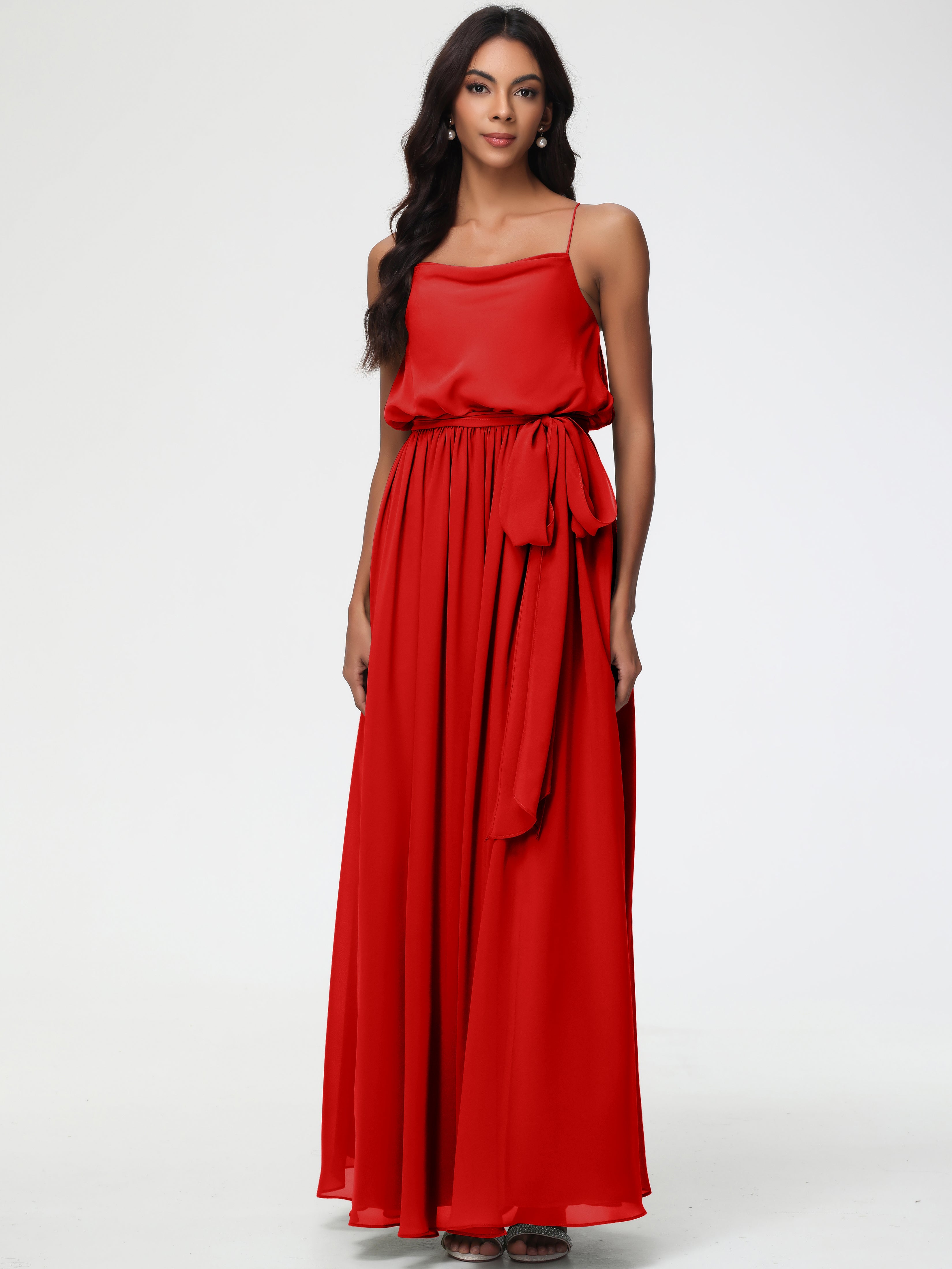 Robe Rouge Demoiselle D Honneur Bretelles Spaghetti Col Bénitier Trapèze Mousseline Robe Demoiselle D'Honneur