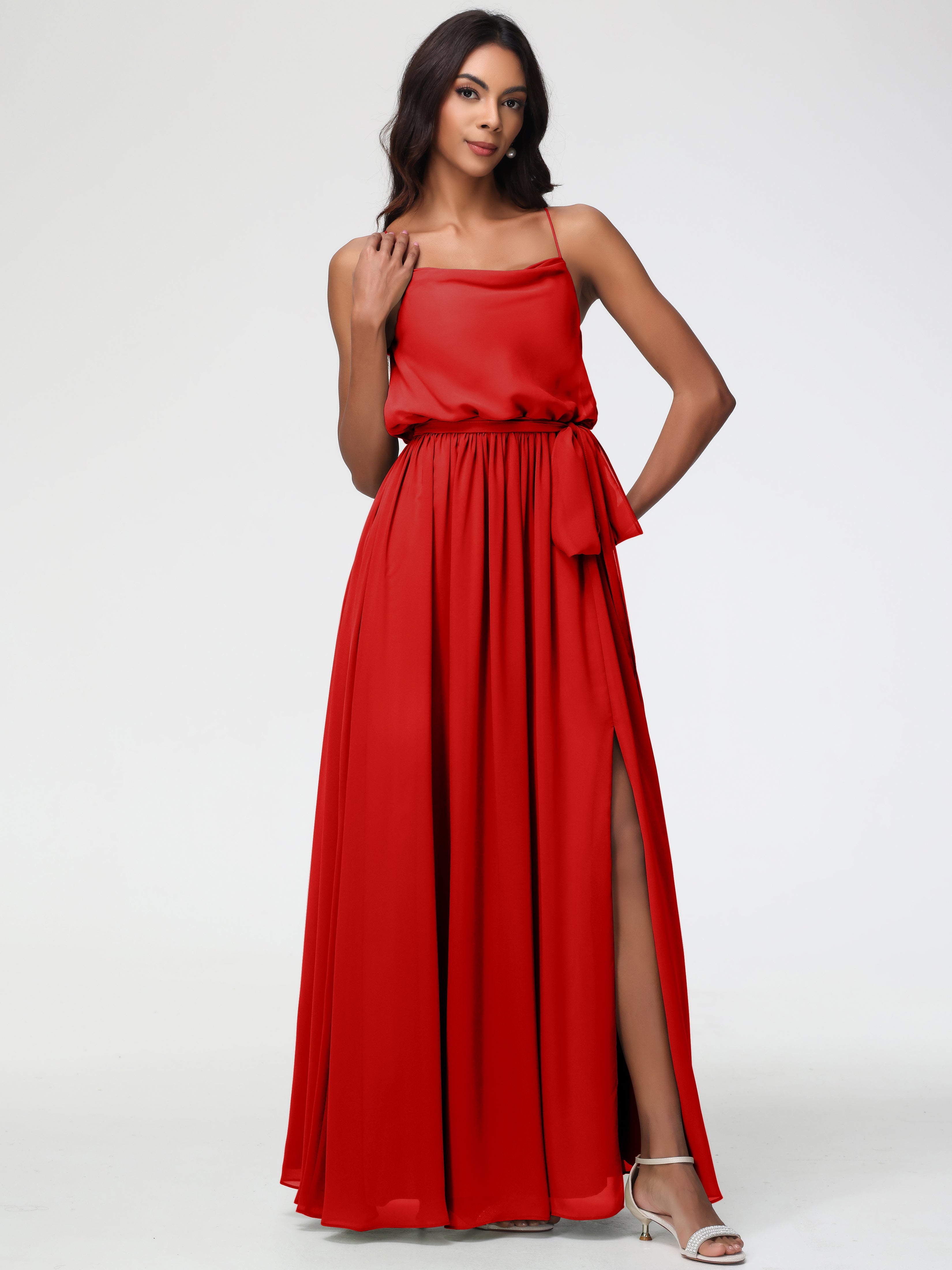 Robe Rouge Demoiselle D Honneur Bretelles Spaghetti Col Bénitier Trapèze Mousseline Robe Demoiselle D'Honneur