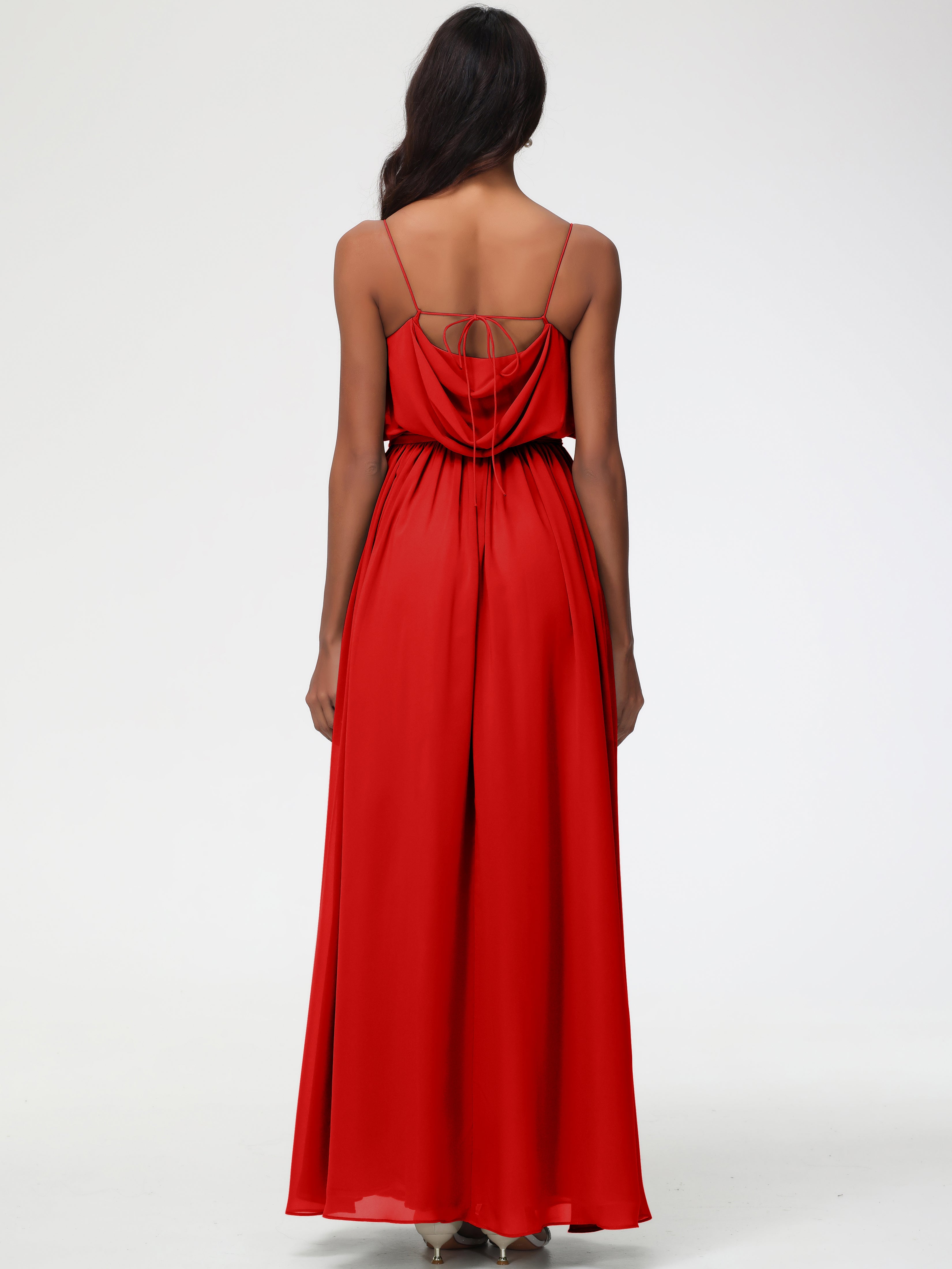 Robe Rouge Demoiselle D Honneur Bretelles Spaghetti Col Bénitier Trapèze Mousseline Robe Demoiselle D'Honneur