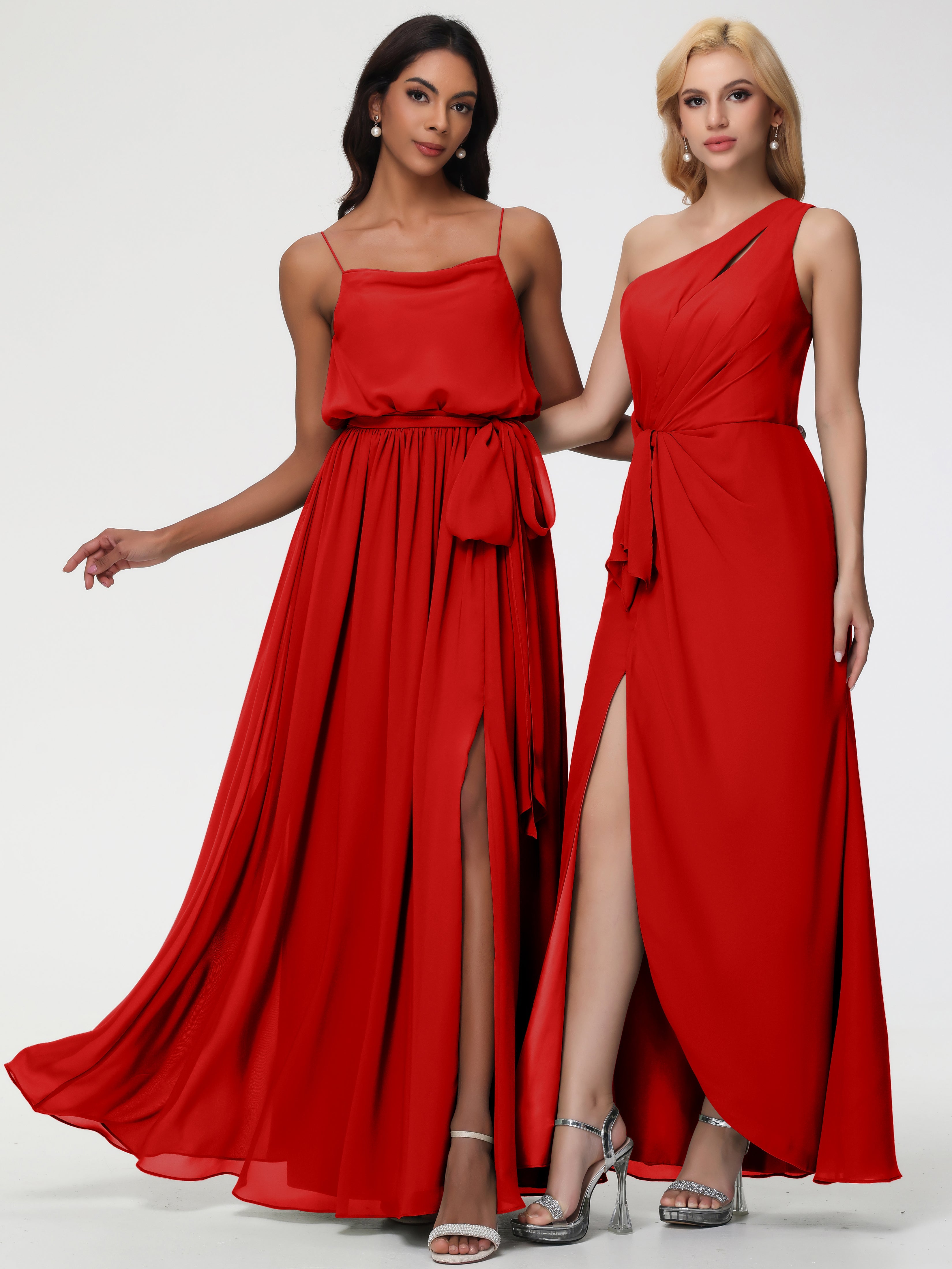 Robe Rouge Demoiselle D Honneur Bretelles Spaghetti Col Bénitier Trapèze Mousseline Robe Demoiselle D'Honneur