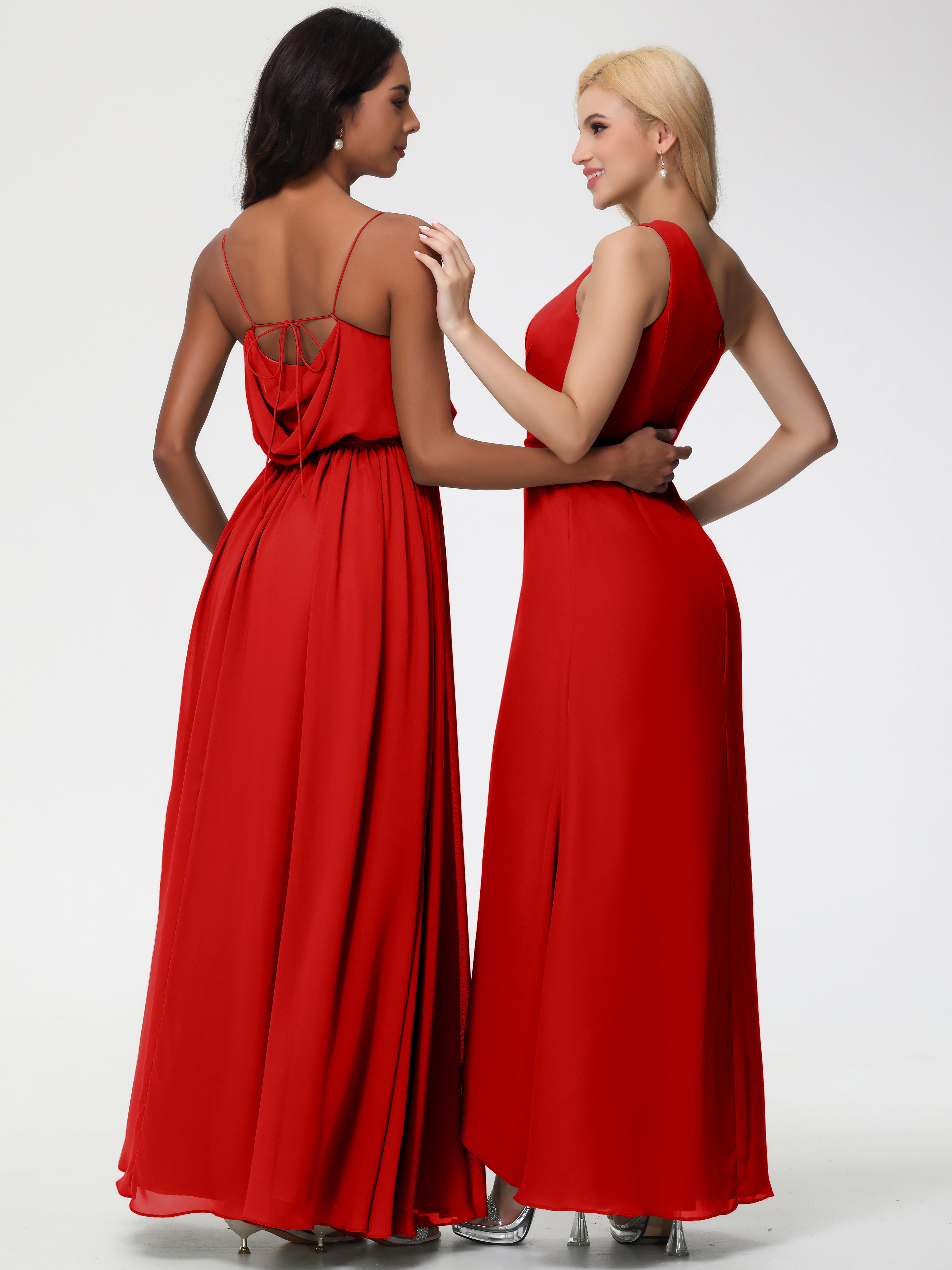 Robe Rouge Demoiselle D Honneur Bretelles Spaghetti Col Bénitier Trapèze Mousseline Robe Demoiselle D'Honneur