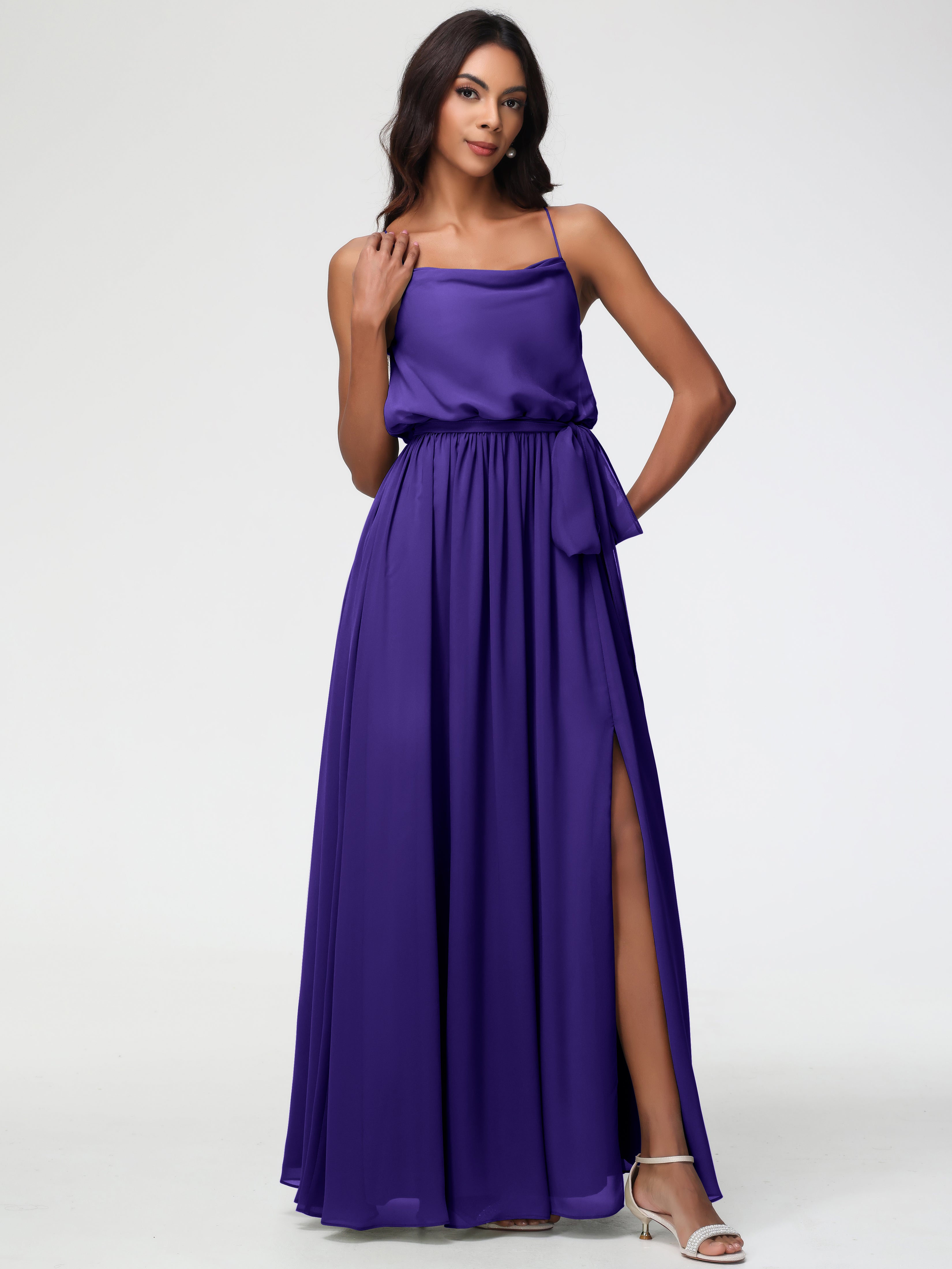 Robes De Demoiselle D'Honneur En Régence Bretelles Spaghetti Col Bénitier Trapèze Mousseline Robe Demoiselle D'Honneur