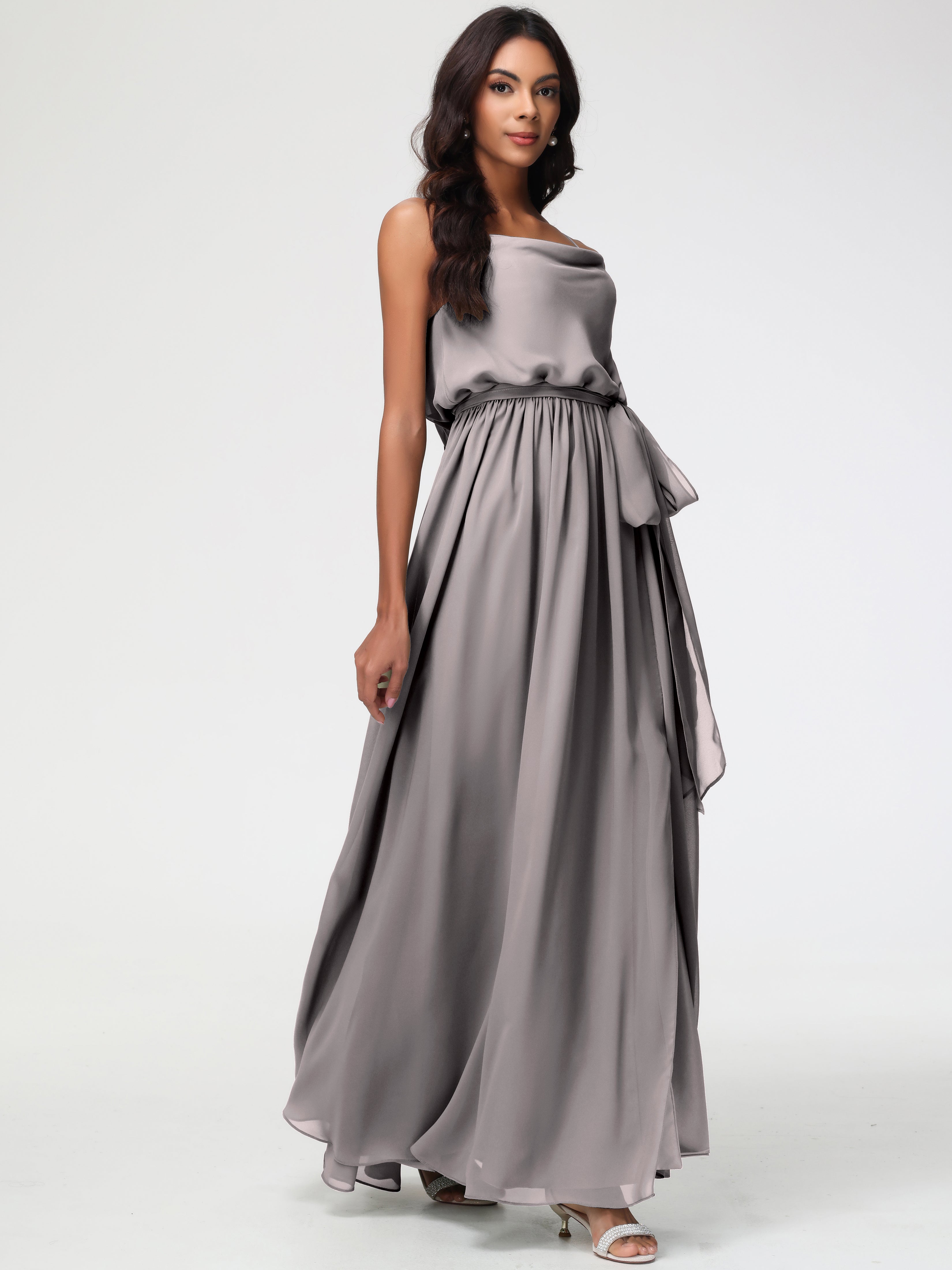 Robe Demoiselle D Honneur Argent Bretelles Spaghetti Col Bénitier Trapèze Mousseline Robe Demoiselle D'Honneur