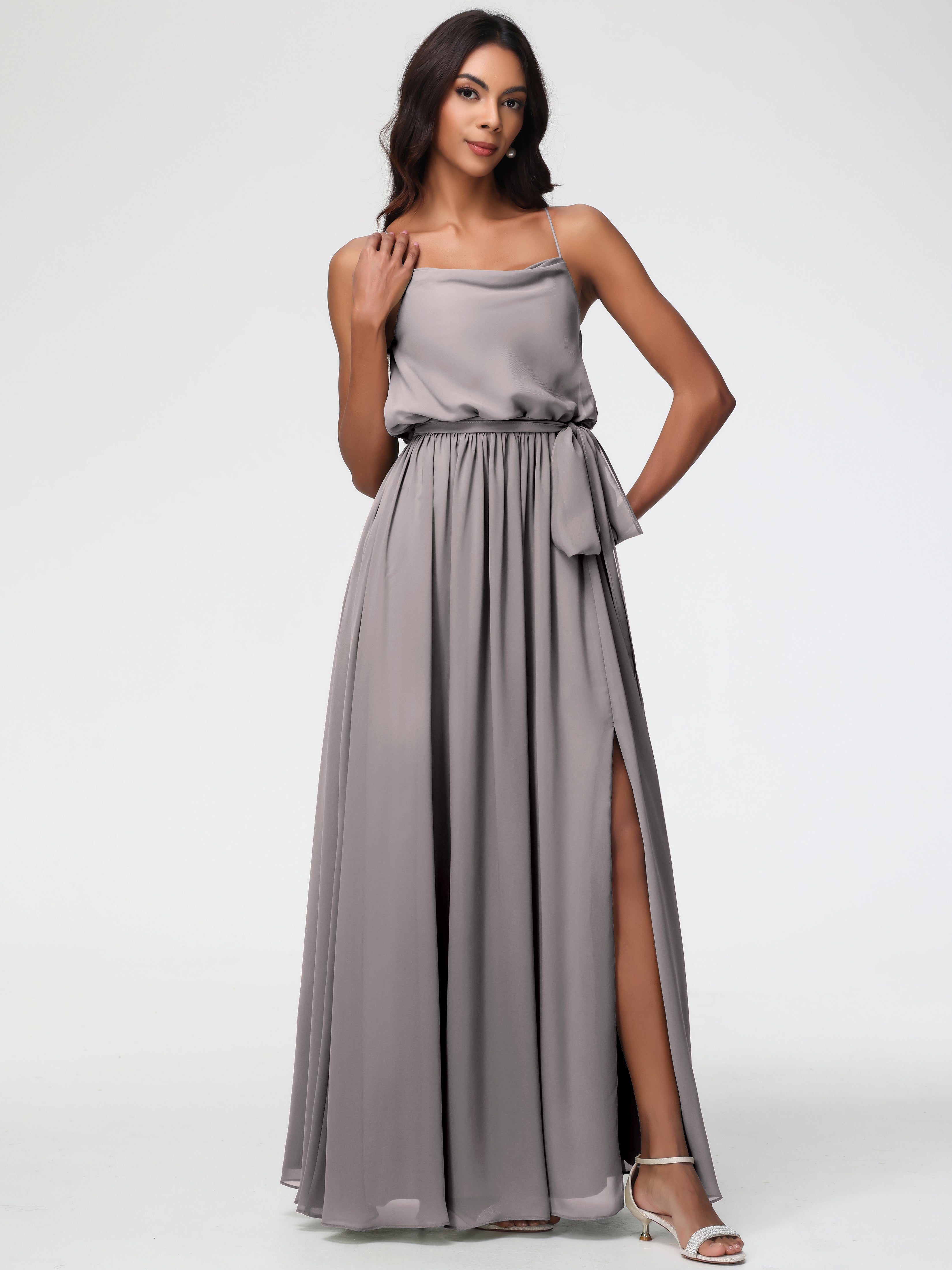 Robe Demoiselle D Honneur Argent Bretelles Spaghetti Col Bénitier Trapèze Mousseline Robe Demoiselle D'Honneur