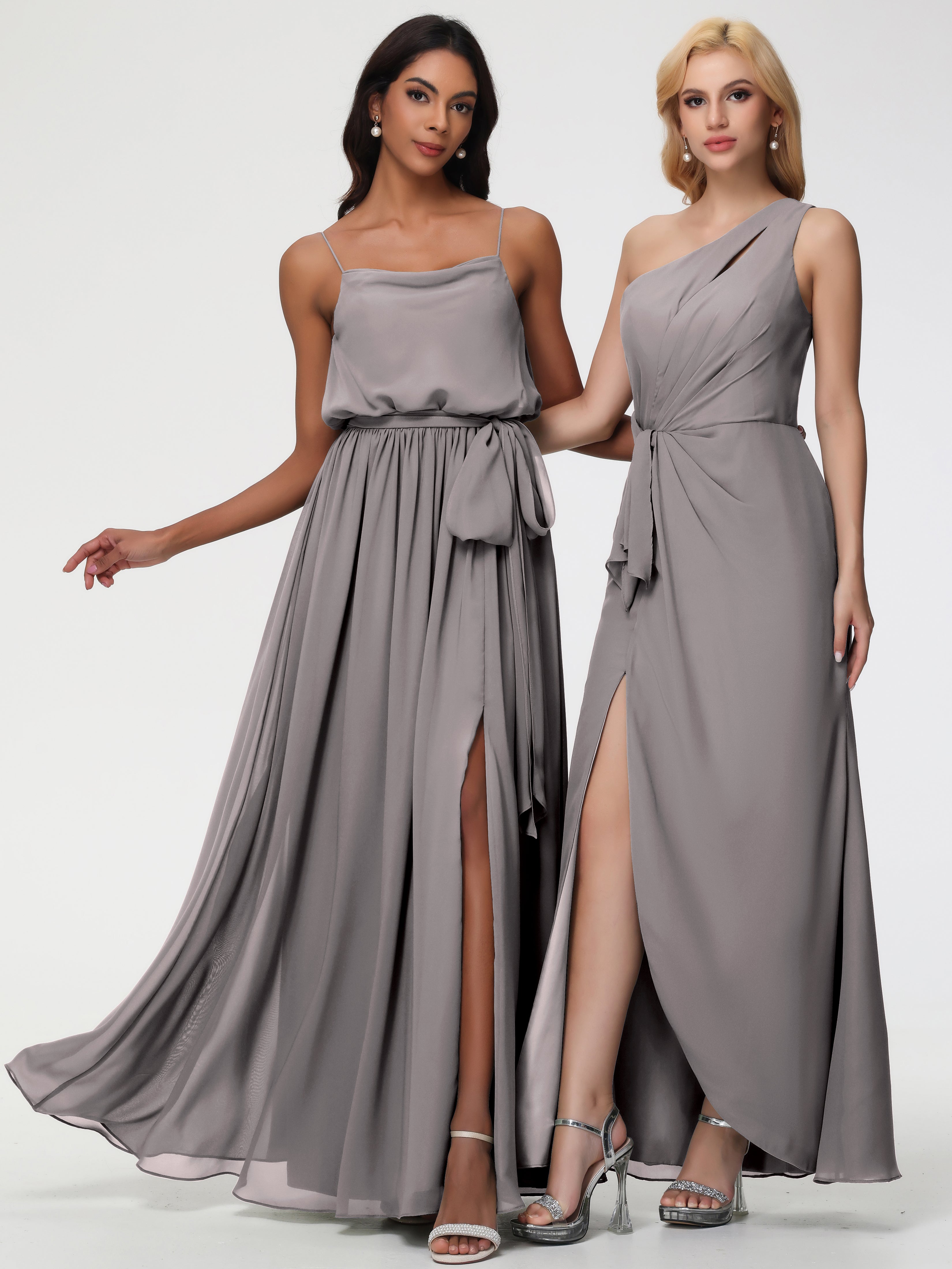 Robe Demoiselle D Honneur Argent Bretelles Spaghetti Col Bénitier Trapèze Mousseline Robe Demoiselle D'Honneur
