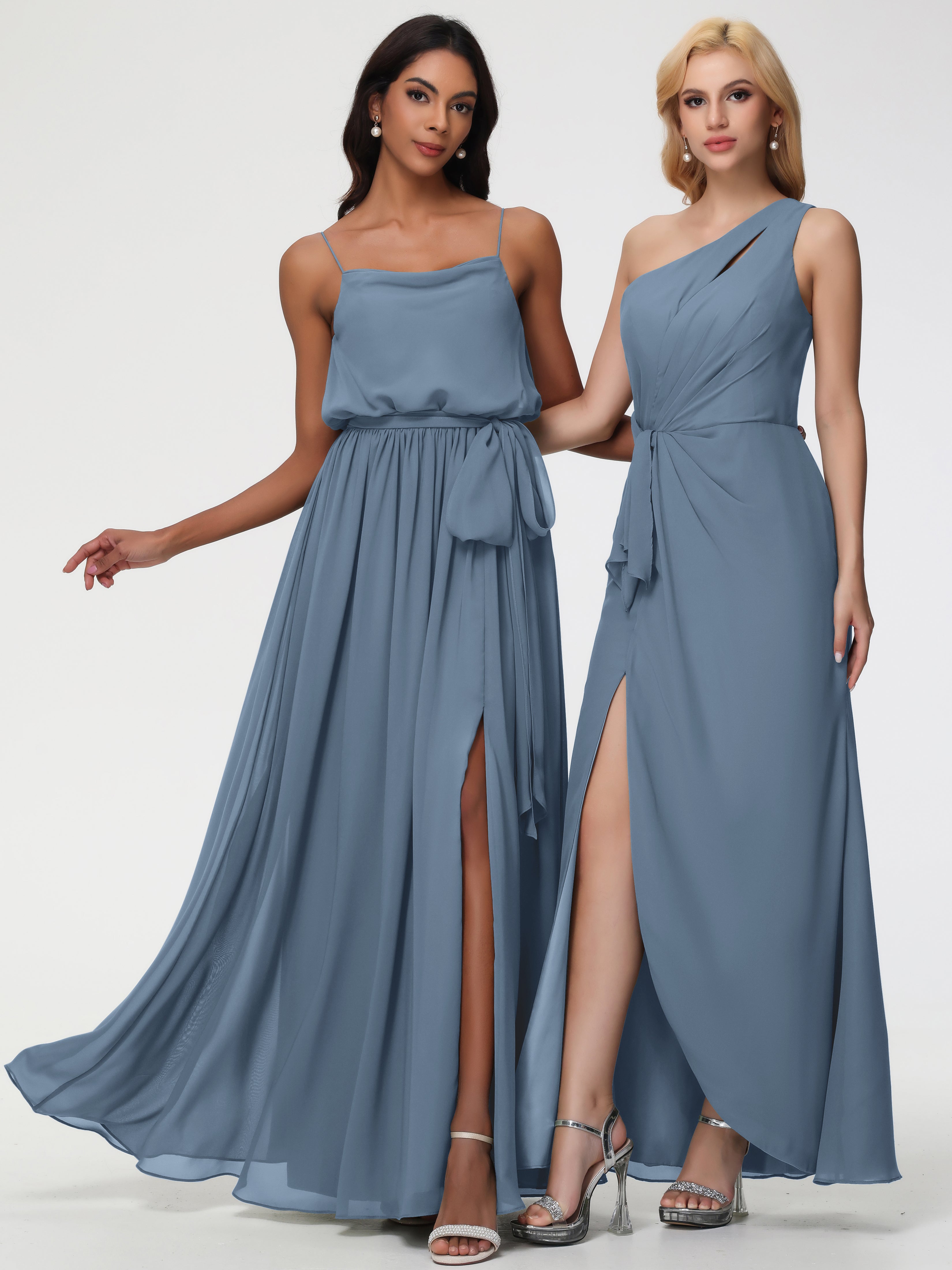 Robes De Demoiselle D'Honneur Bleu De Schiste Bretelles Spaghetti Col Bénitier Trapèze Mousseline Robe Demoiselle D'Honneur