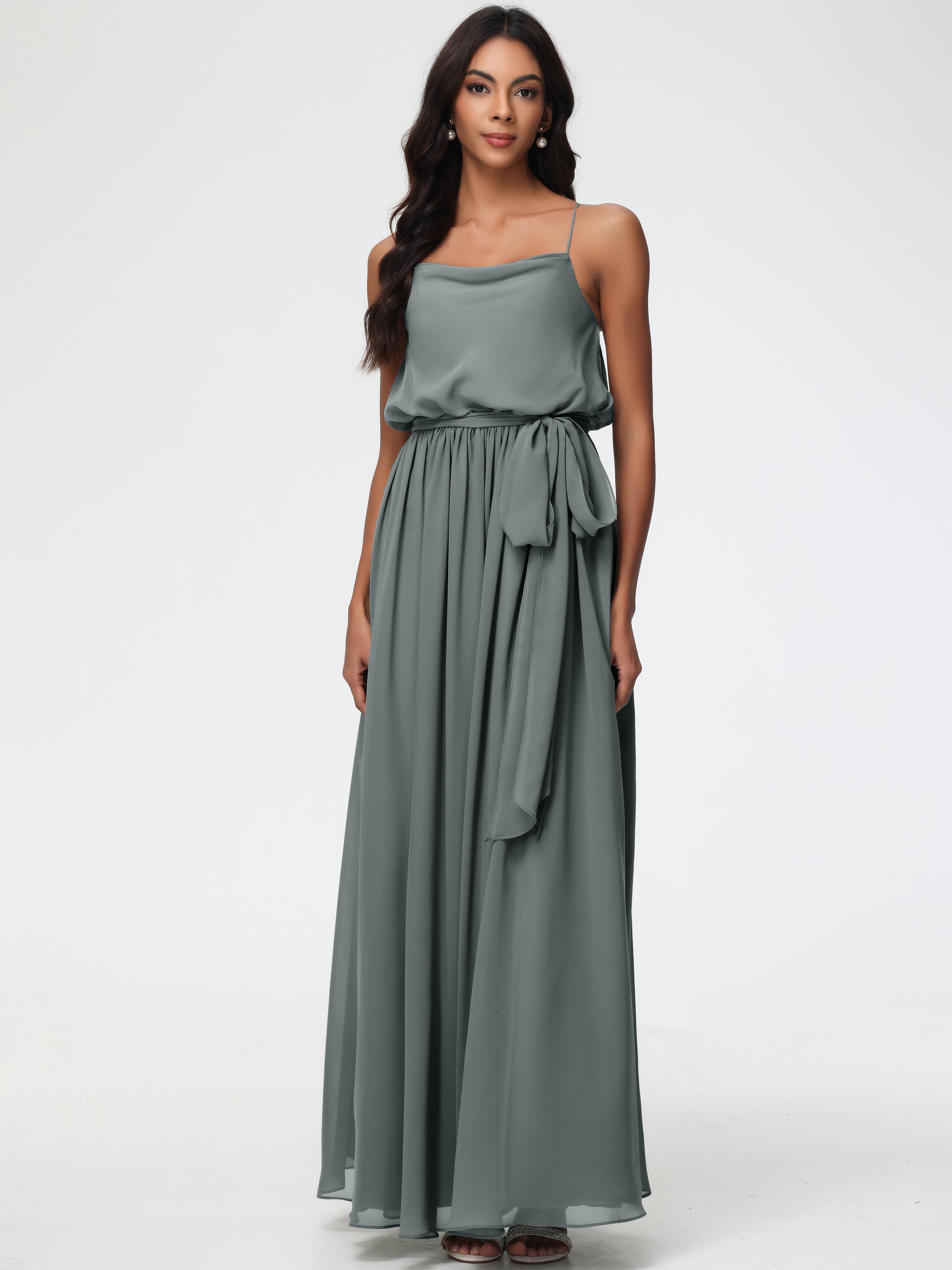 Robe Grise Demoiselle D Honneur Bretelles Spaghetti Col Bénitier Trapèze Mousseline Robe Demoiselle D'Honneur