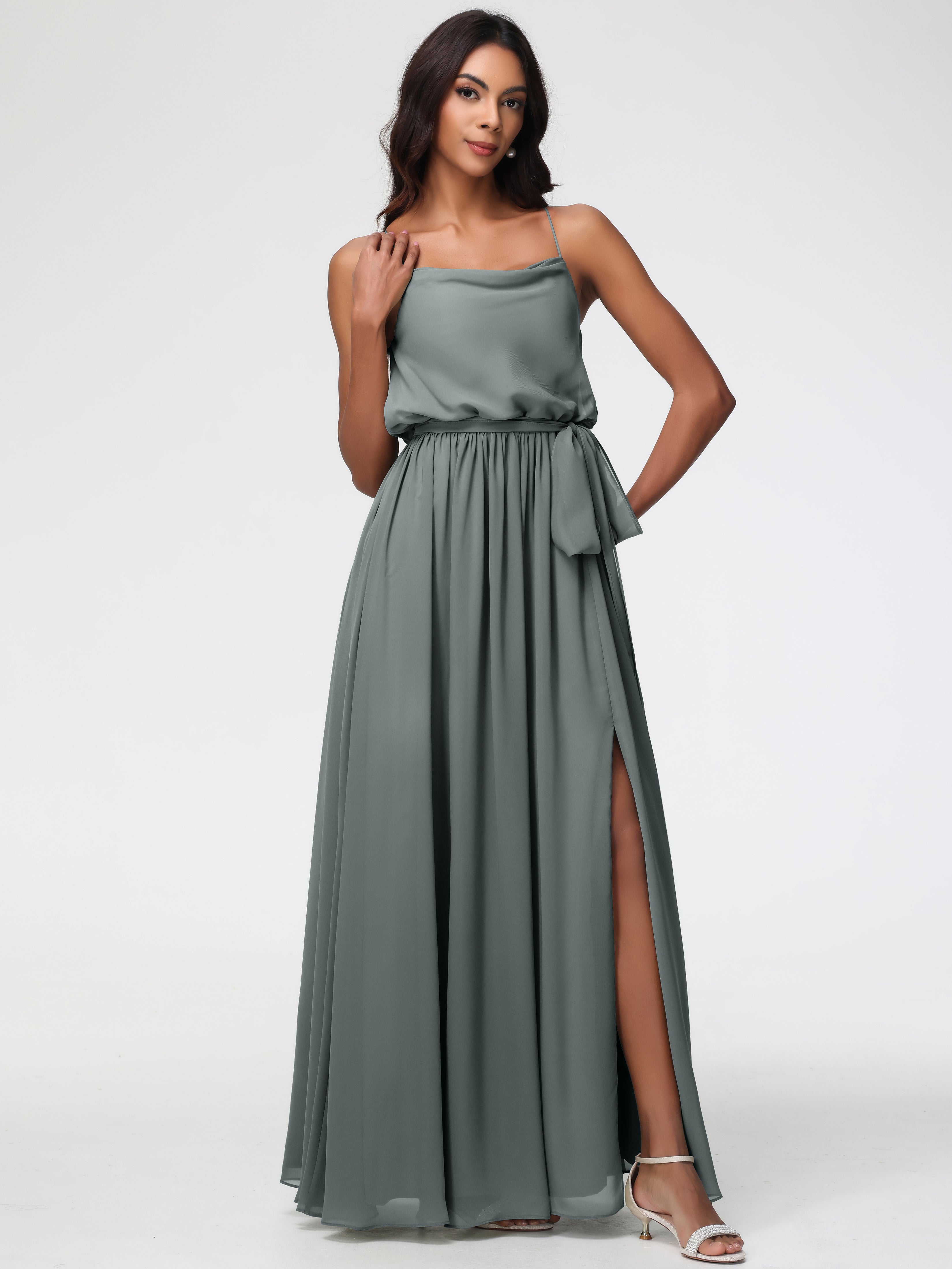 Robe Grise Demoiselle D Honneur Bretelles Spaghetti Col Bénitier Trapèze Mousseline Robe Demoiselle D'Honneur