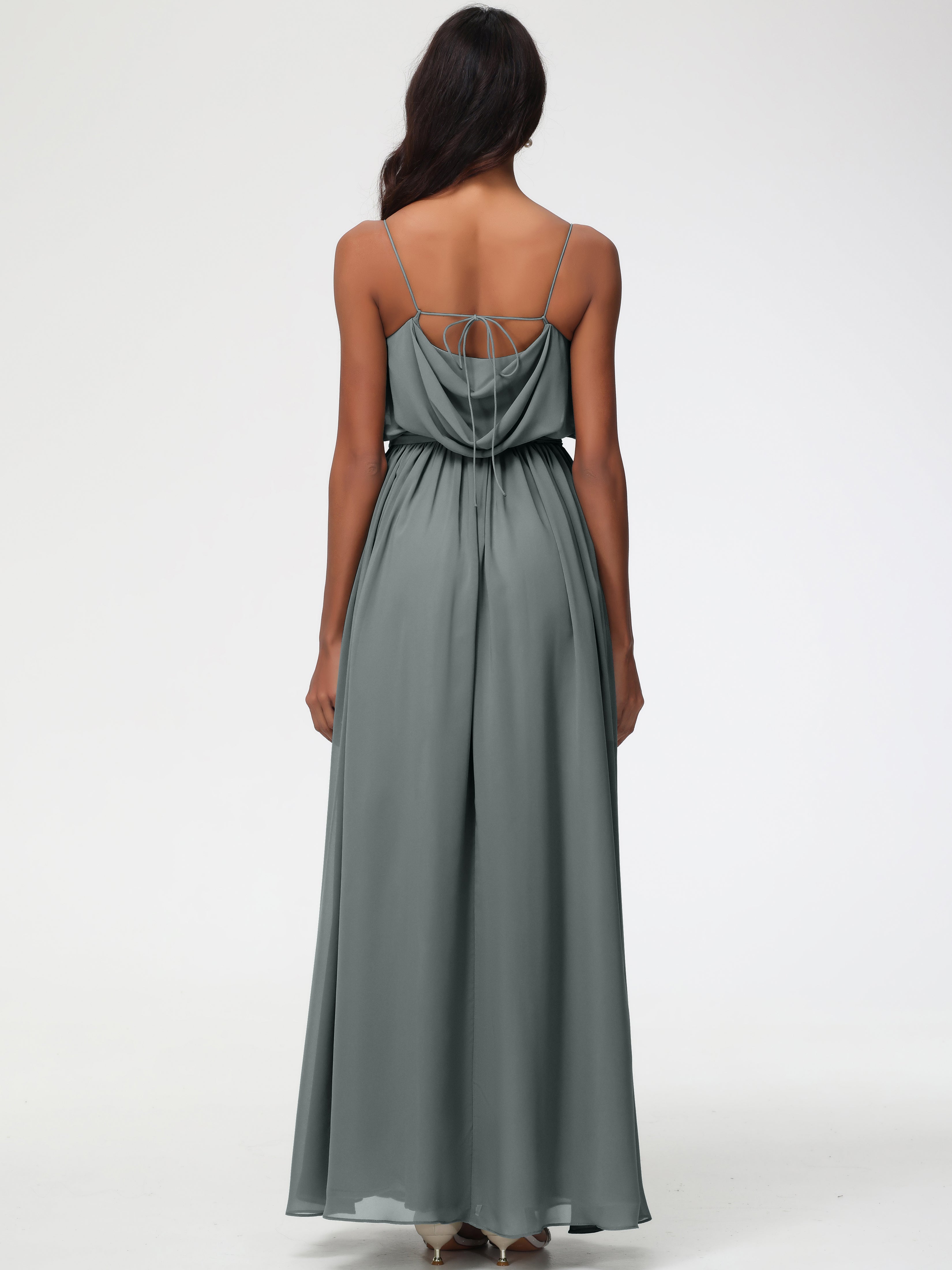 Robe Grise Demoiselle D Honneur Bretelles Spaghetti Col Bénitier Trapèze Mousseline Robe Demoiselle D'Honneur