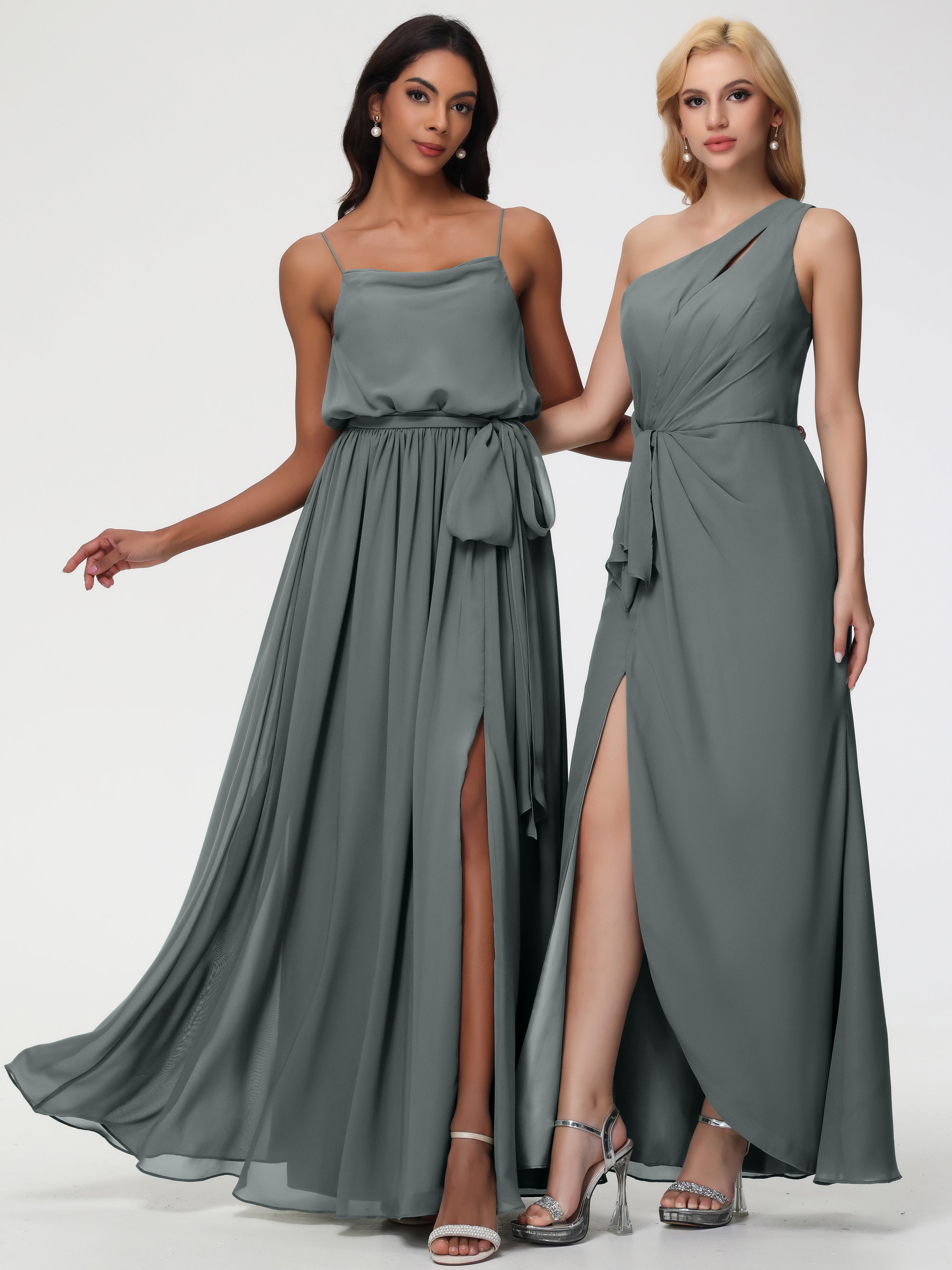 Robe Grise Demoiselle D Honneur Bretelles Spaghetti Col Bénitier Trapèze Mousseline Robe Demoiselle D'Honneur