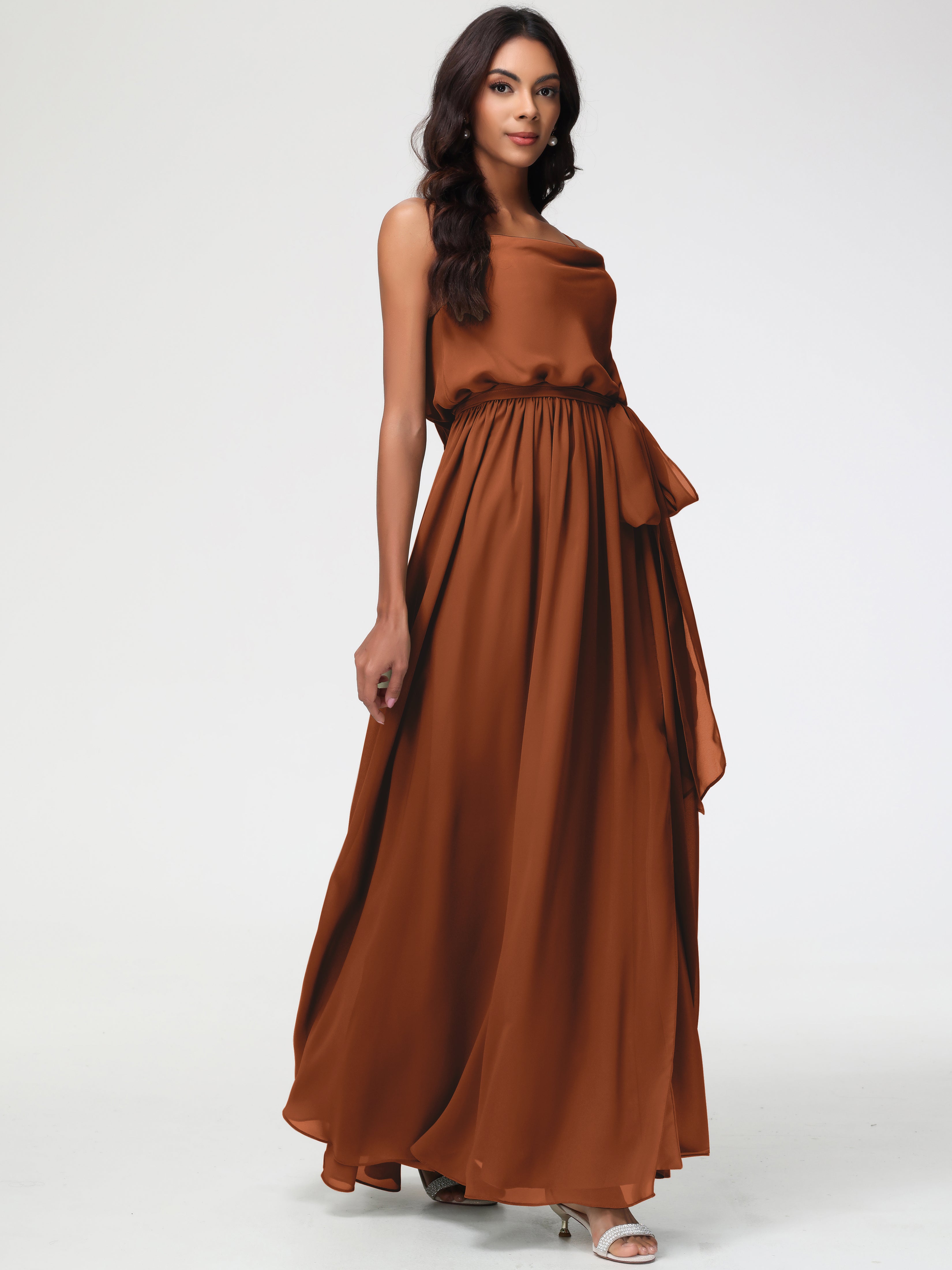Robe Demoiselle D Honneur Terracotta Bretelles Spaghetti Col Bénitier Trapèze Mousseline Robe Demoiselle D'Honneur