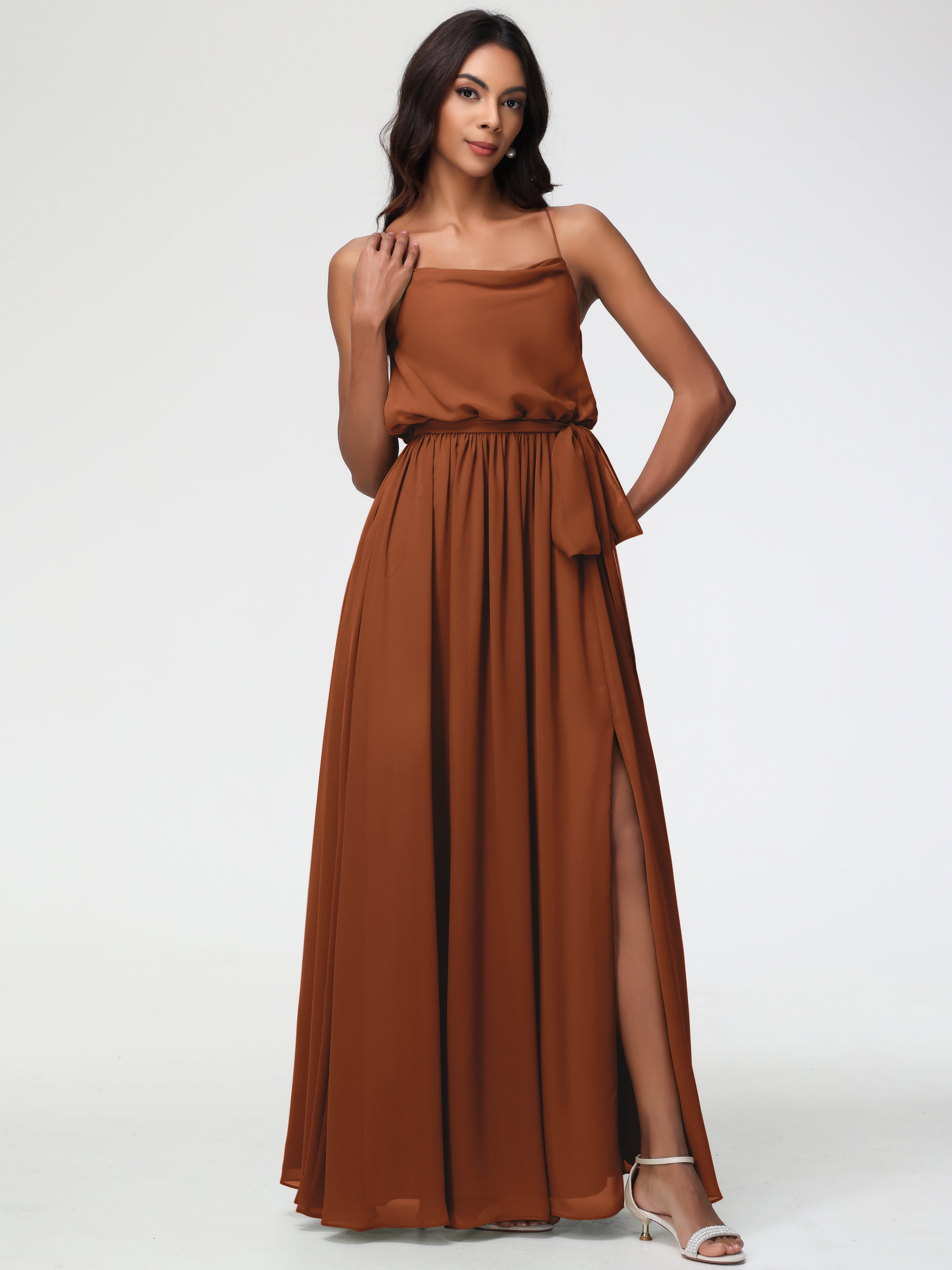 Robe Demoiselle D Honneur Terracotta Bretelles Spaghetti Col Bénitier Trapèze Mousseline Robe Demoiselle D'Honneur