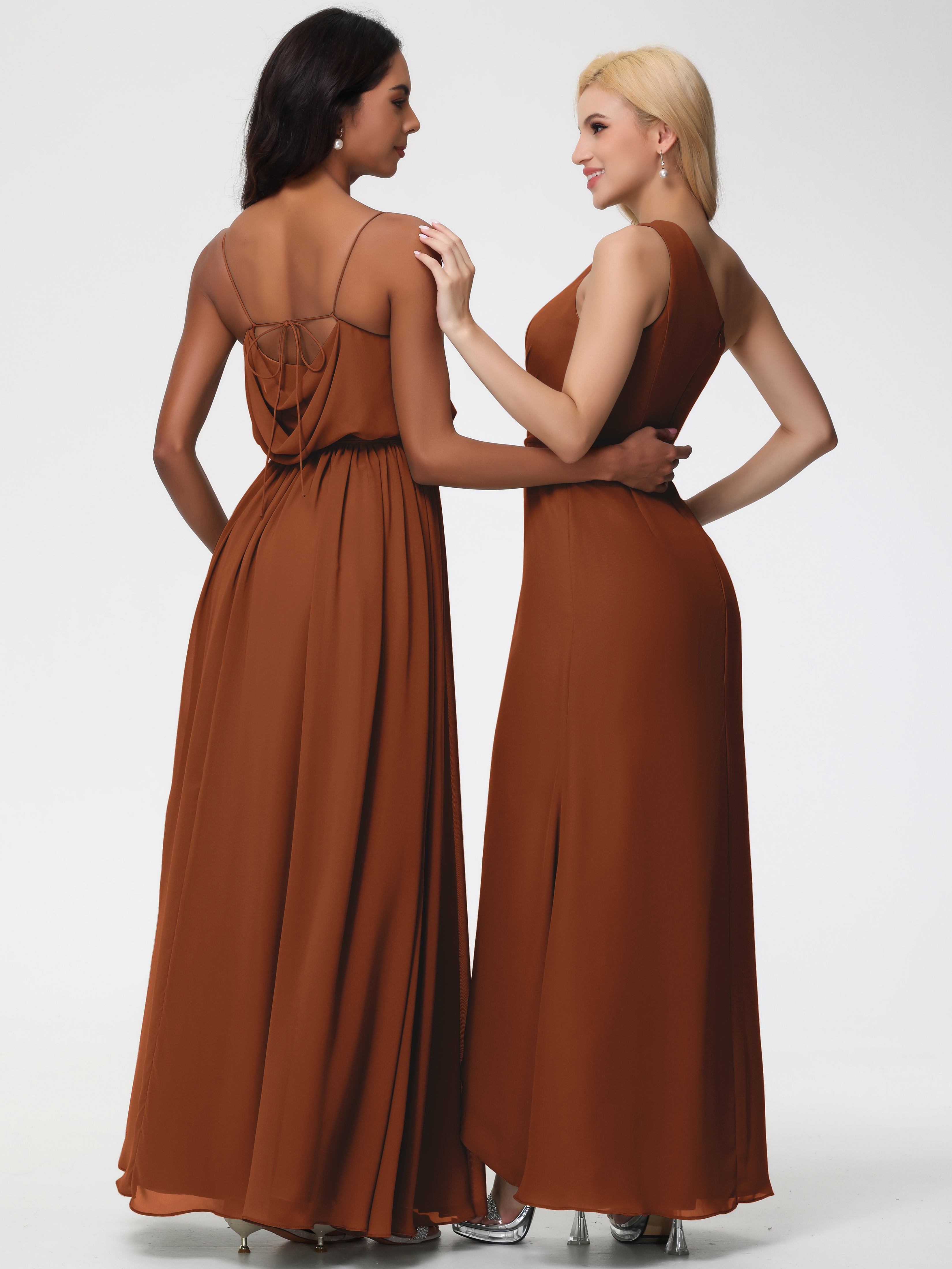 Robe Demoiselle D Honneur Terracotta Bretelles Spaghetti Col Bénitier Trapèze Mousseline Robe Demoiselle D'Honneur