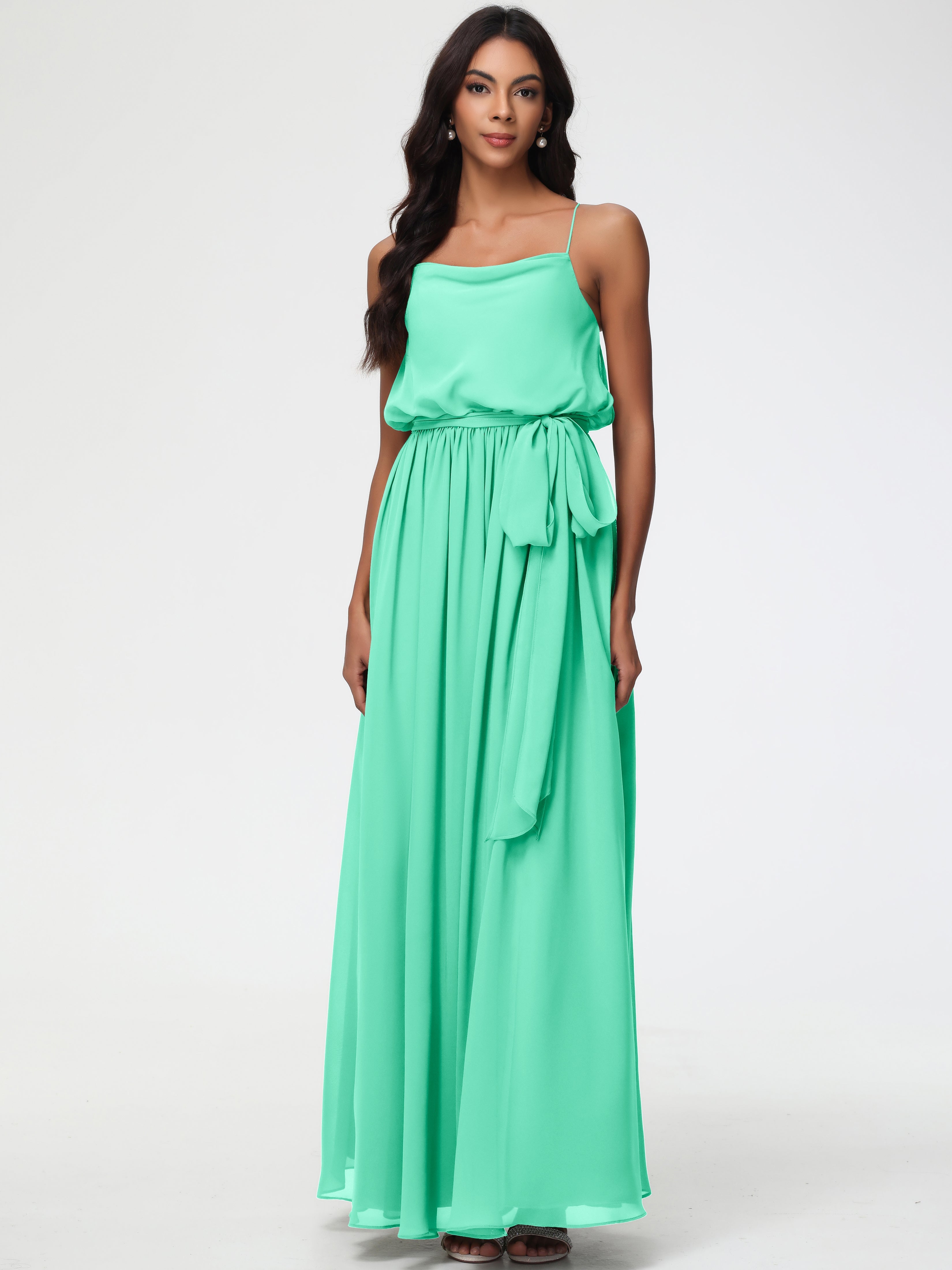 Robe Demoiselle D Honneur Turquoise Bretelles Spaghetti Col Bénitier Trapèze Mousseline Robe Demoiselle D'Honneur