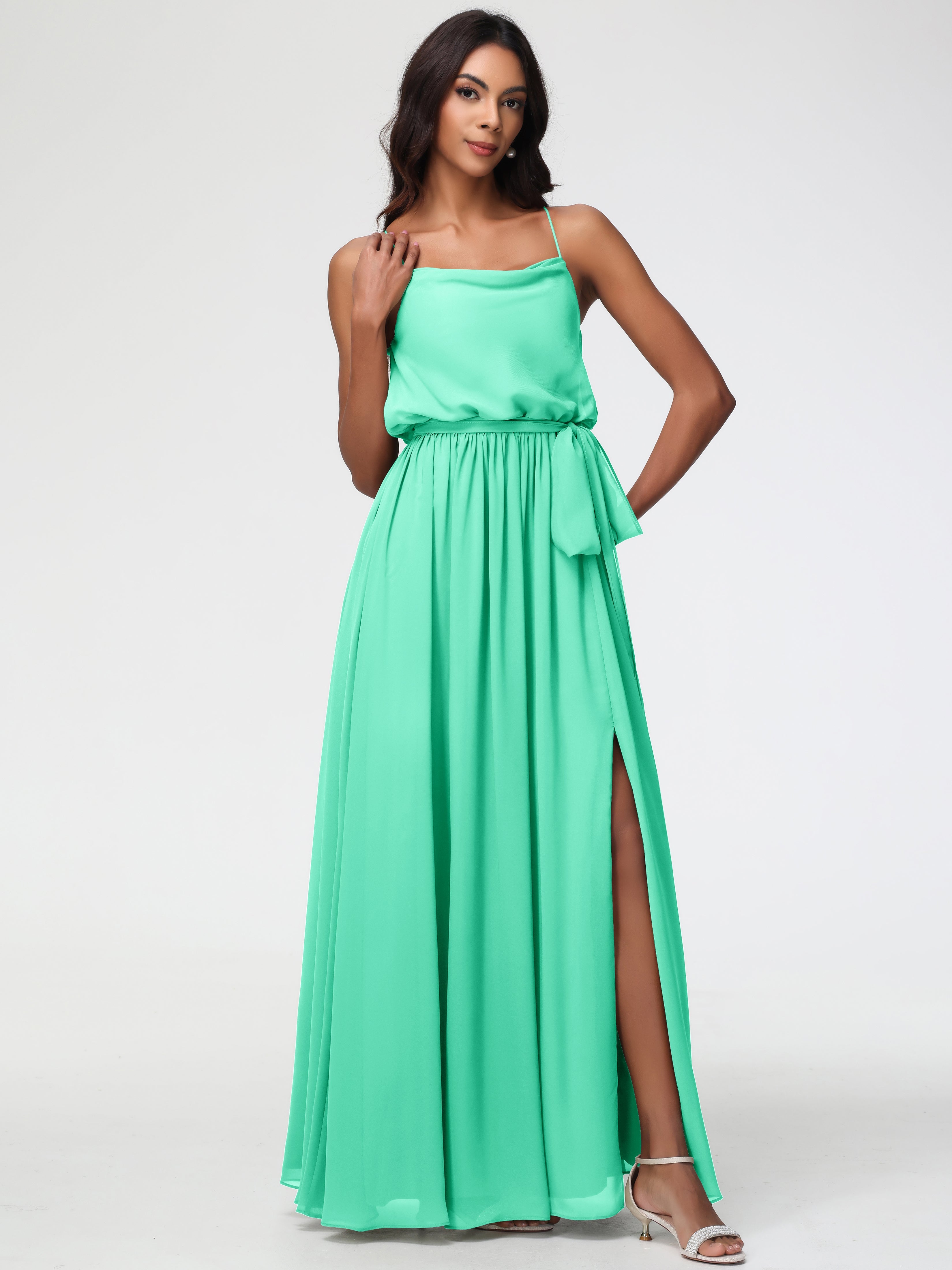 Robe Demoiselle D Honneur Turquoise Bretelles Spaghetti Col Bénitier Trapèze Mousseline Robe Demoiselle D'Honneur