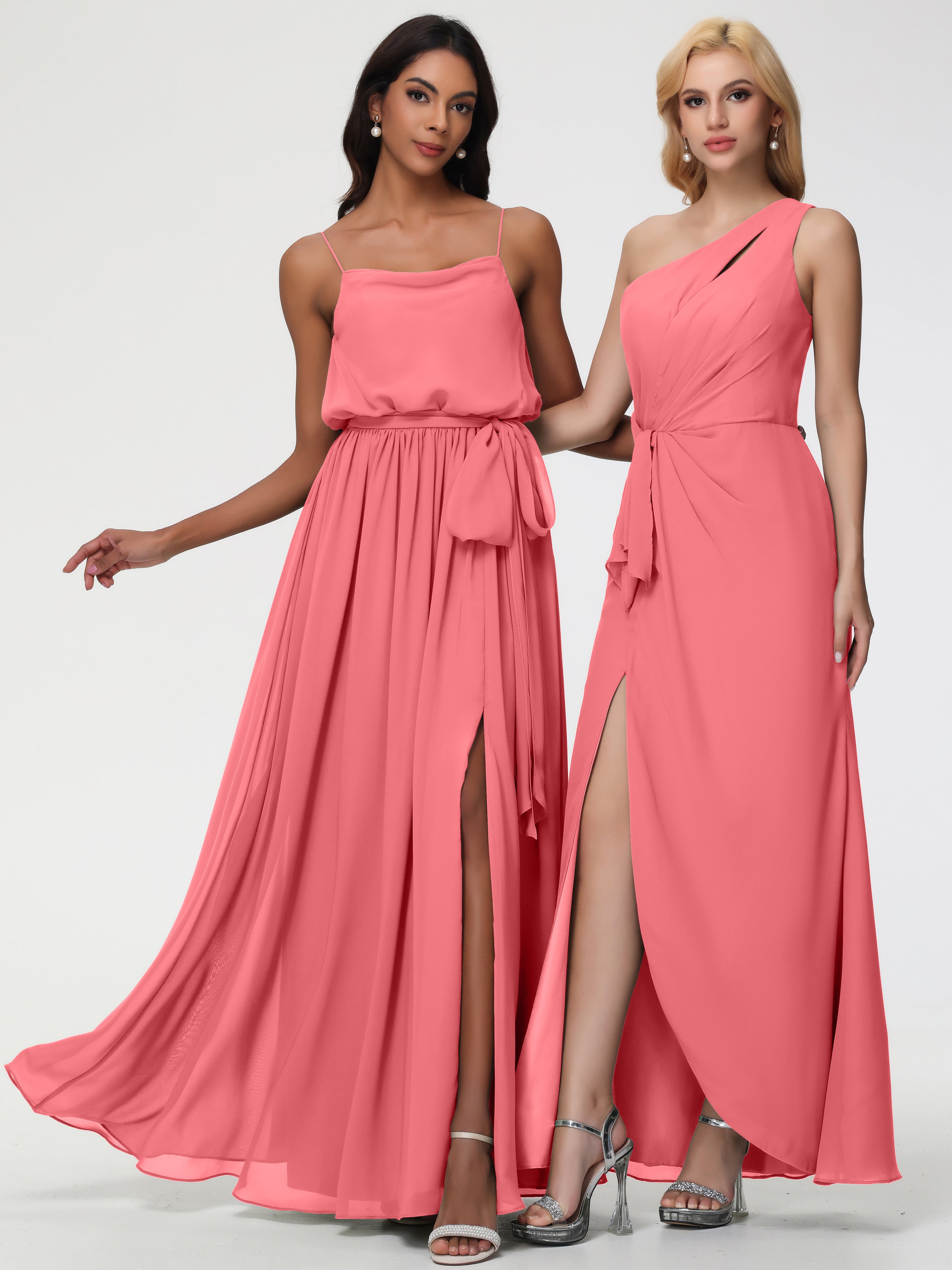 Robes De Demoiselle D'Honneur Pastèque Bretelles Spaghetti Col Bénitier Trapèze Mousseline Robe Demoiselle D'Honneur