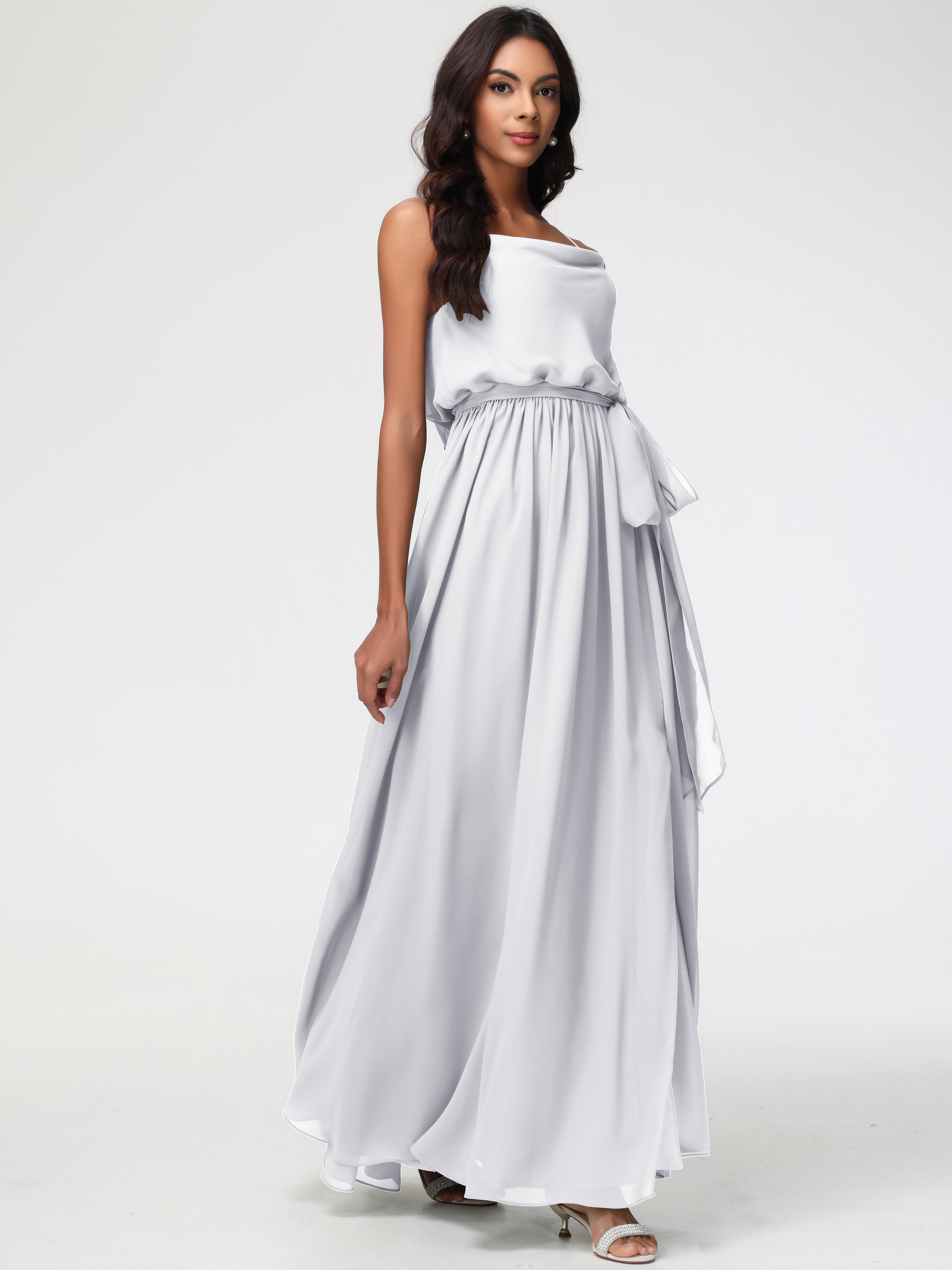 Robe Demoiselle D Honneur Blanc Bretelles Spaghetti Col Bénitier Trapèze Mousseline Robe Demoiselle D'Honneur