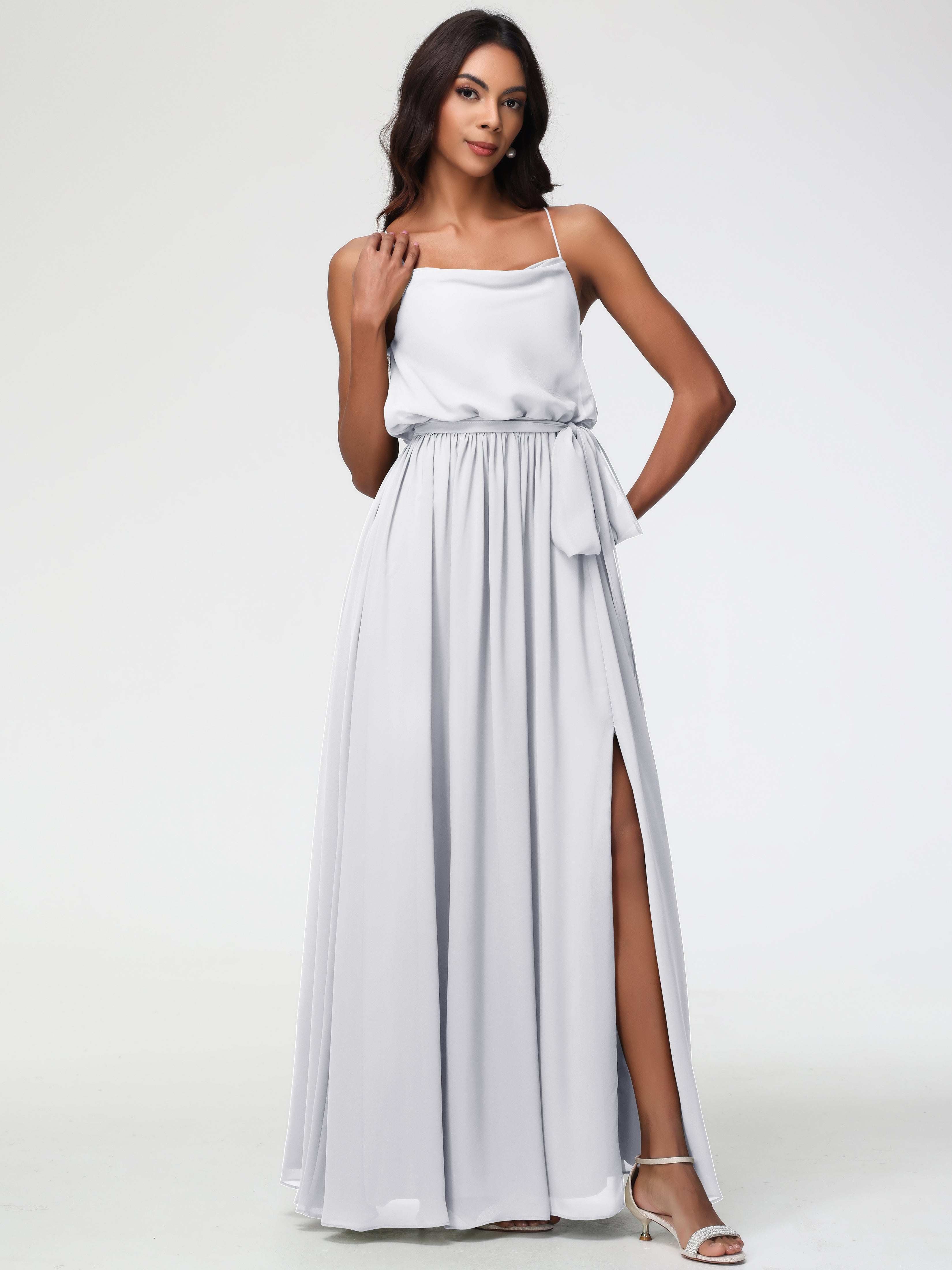 Robe Demoiselle D Honneur Blanc Bretelles Spaghetti Col Bénitier Trapèze Mousseline Robe Demoiselle D'Honneur