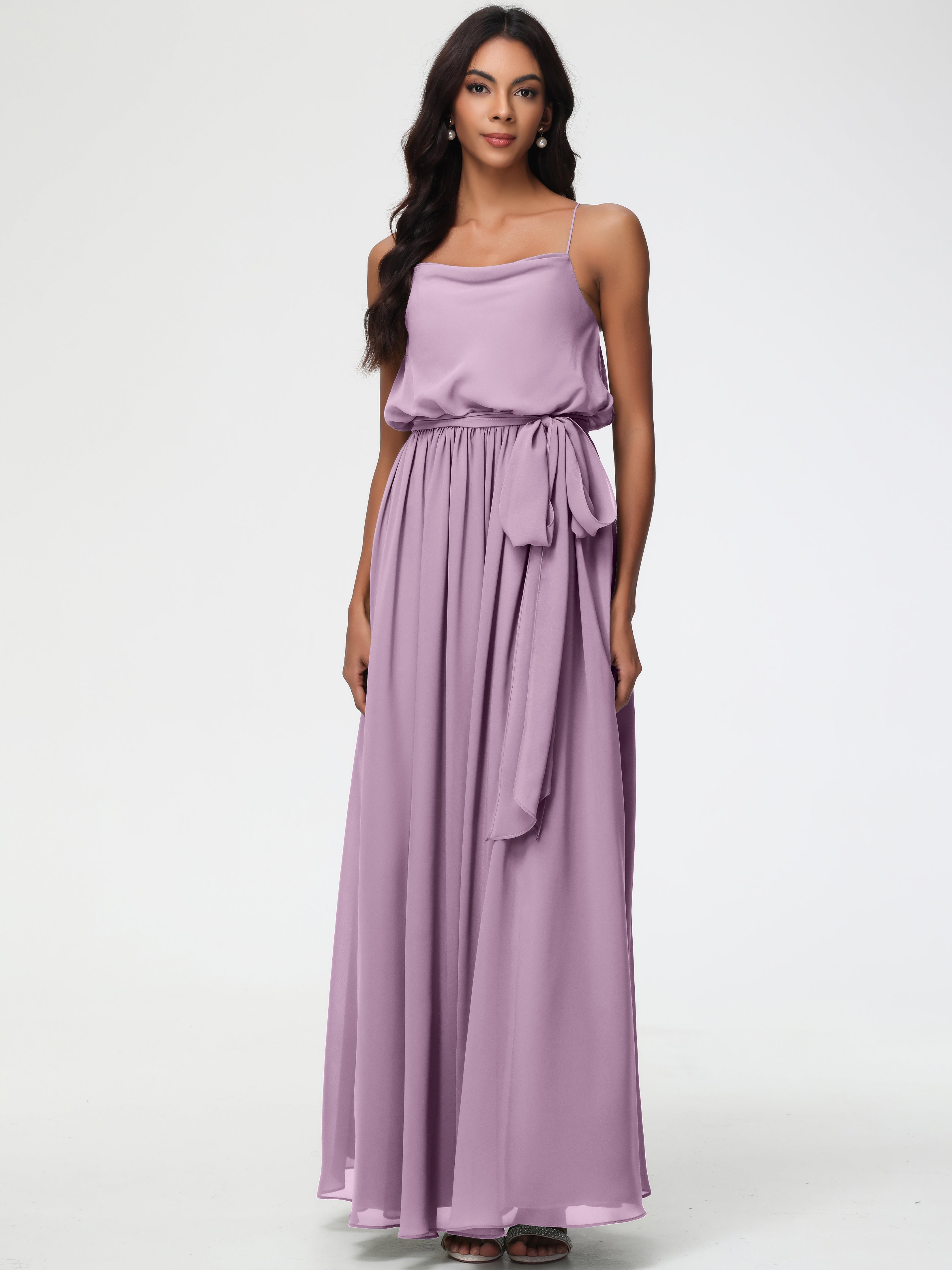 Robes De Demoiselle D'Honneur Glycine Bretelles Spaghetti Col Bénitier Trapèze Mousseline Robe Demoiselle D'Honneur