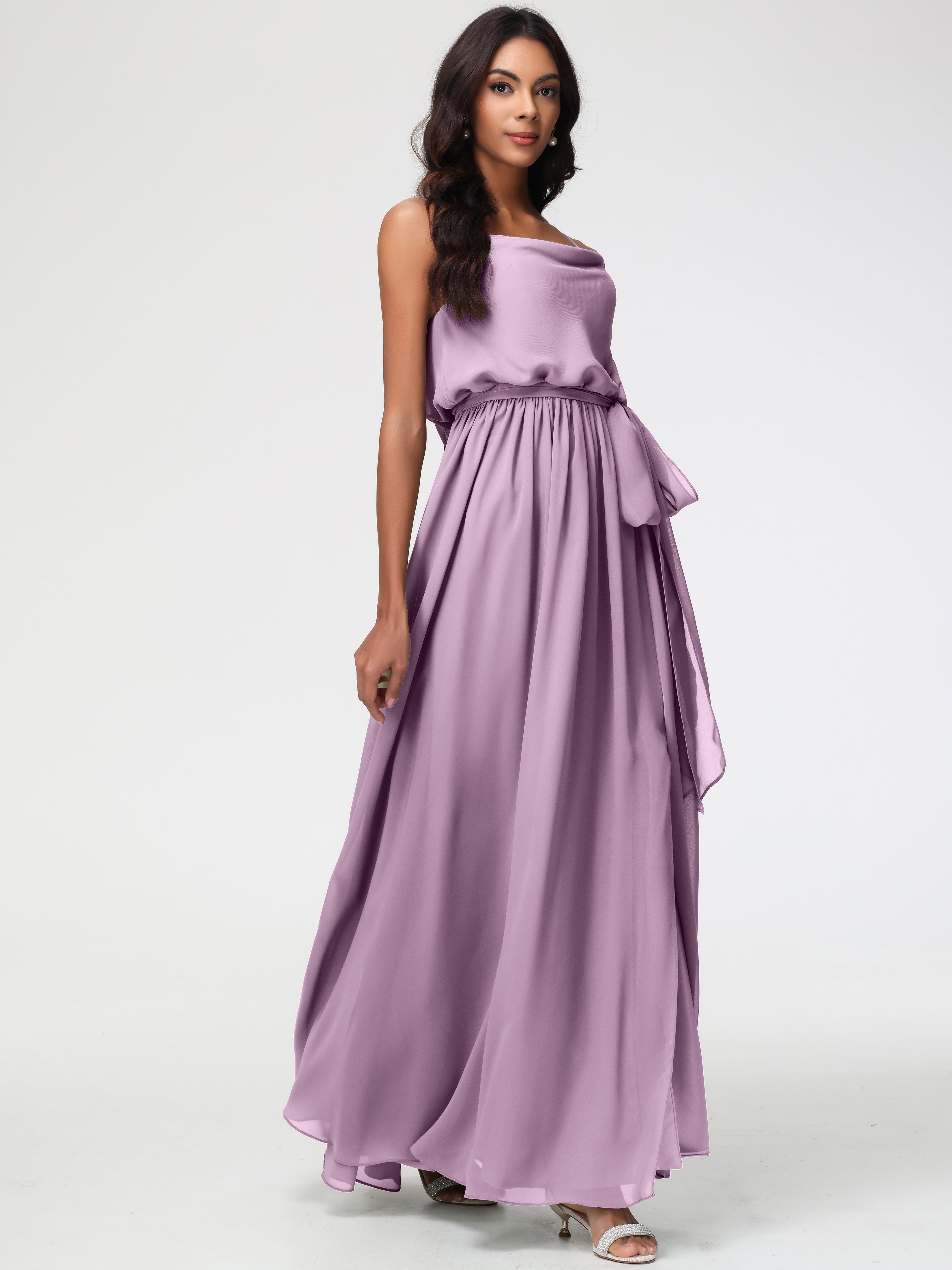 Robes De Demoiselle D'Honneur Glycine Bretelles Spaghetti Col Bénitier Trapèze Mousseline Robe Demoiselle D'Honneur