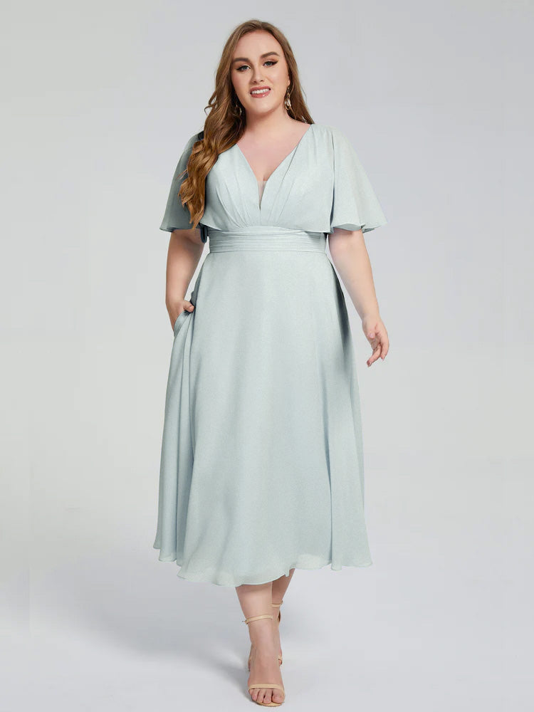 Robe Demoiselle D Honneur Vert Celadon Dos Nu Longueur De Thé Mousseline Robes Demoiselle D'Honneur Grande Taille