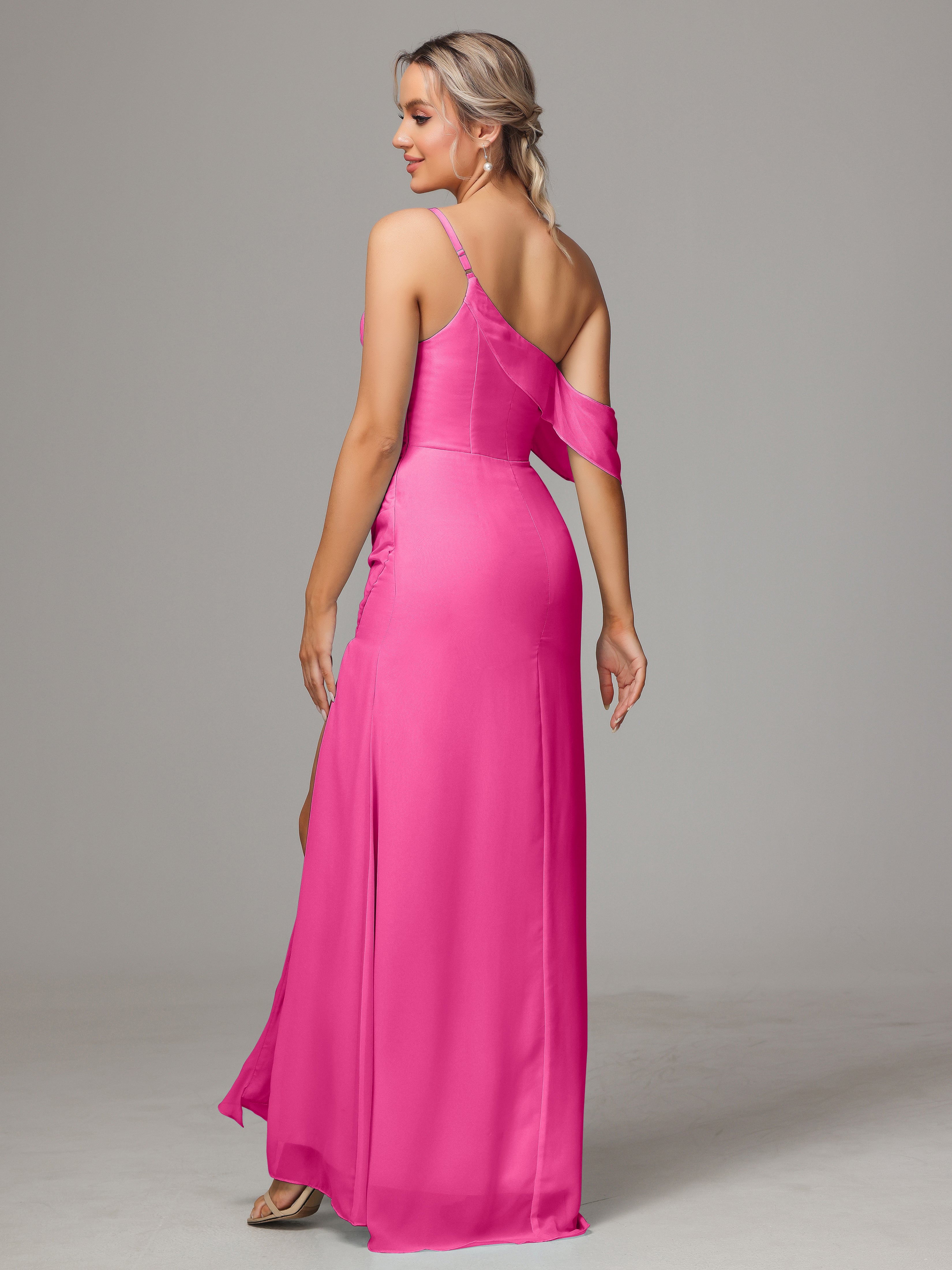 Robe Demoiselle D Honneur En Azalée Trapèze Décolleté Asymétrique Mousseline Longue Robes Demoiselle D'Honneur