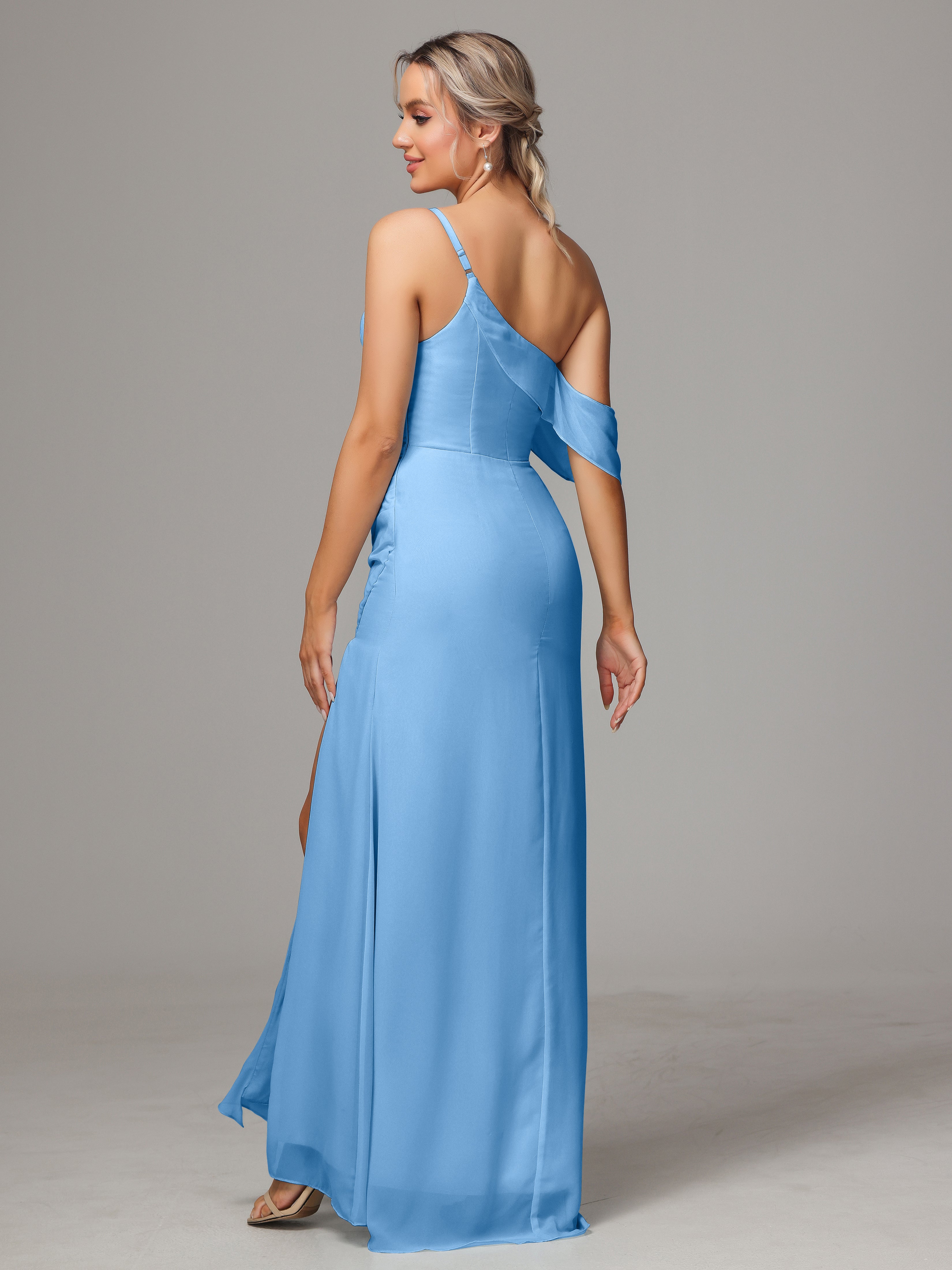 Robe Bleu Demoiselle D Honneur Trapèze Décolleté Asymétrique Mousseline Longue Robes Demoiselle D'Honneur