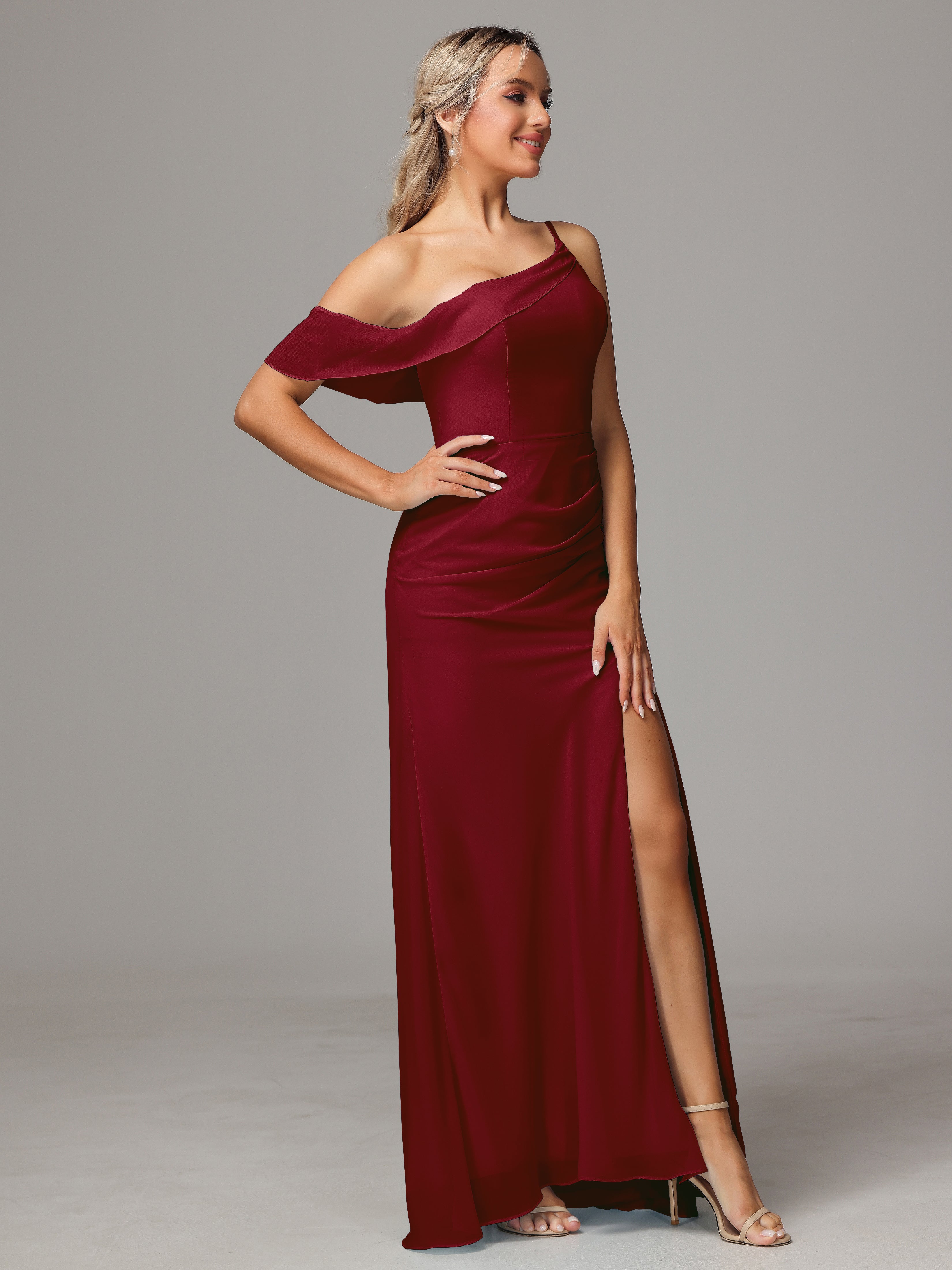 Robes Demoiselle D Honneur Bordeaux Trapèze Décolleté Asymétrique Mousseline Longue Robes Demoiselle D'Honneur