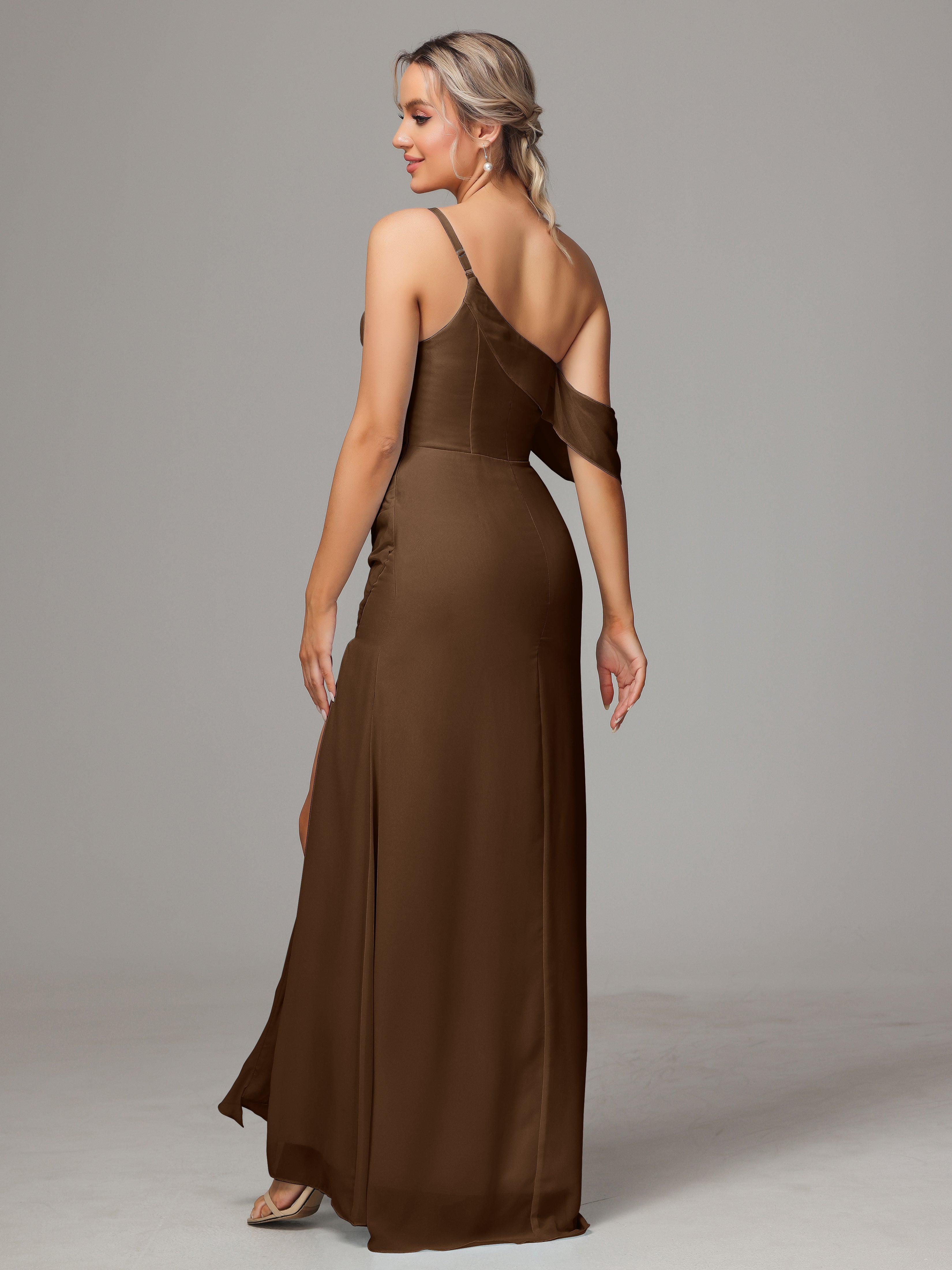 Robe Demoiselle D Honneur Brun Trapèze Décolleté Asymétrique Mousseline Longue Robes Demoiselle D'Honneur