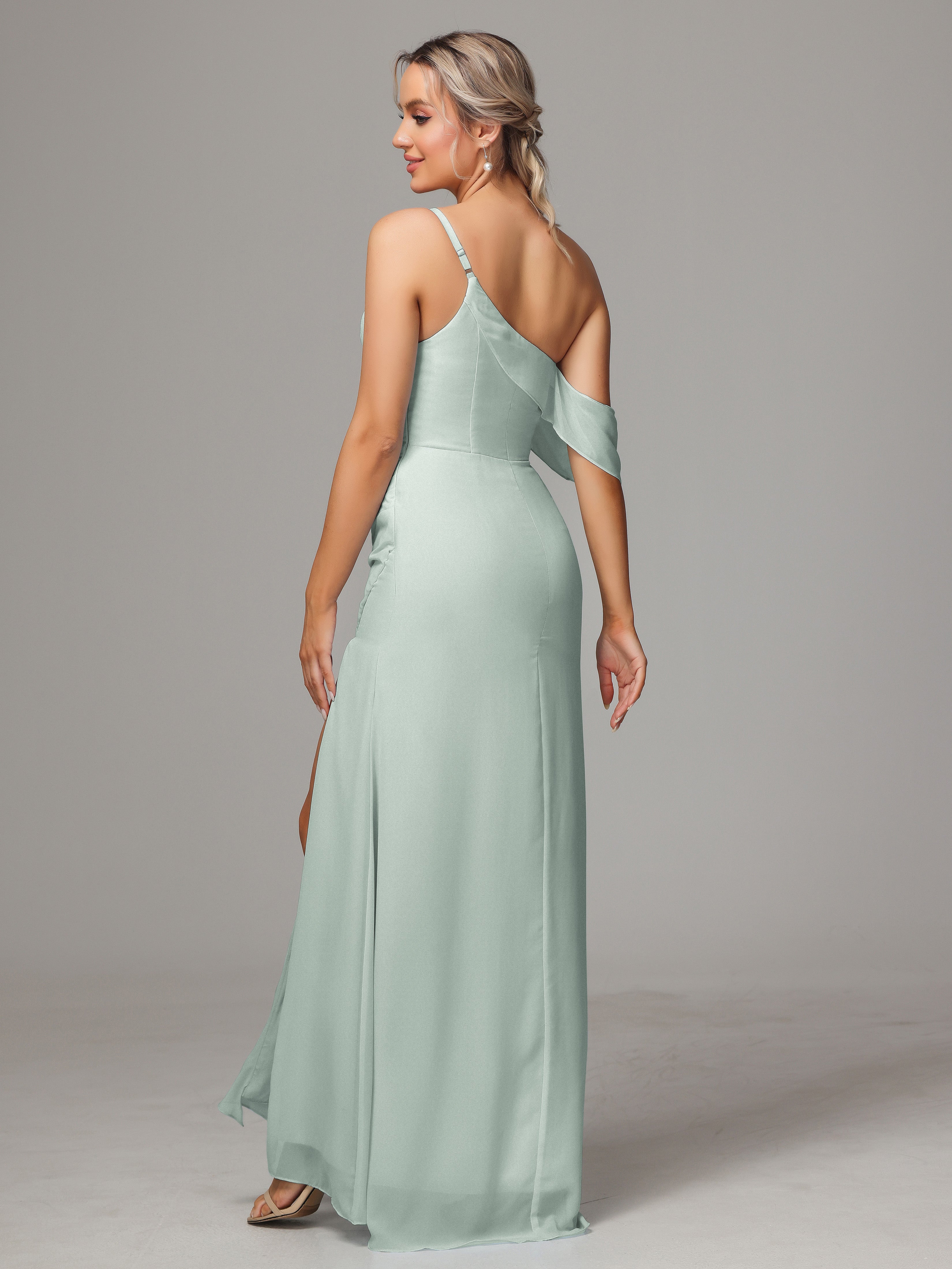 Robes De Demoiselle D'Honneur Celadon Bretelles Fendue Col V Mousseline Robes Demoiselle D'Honneur