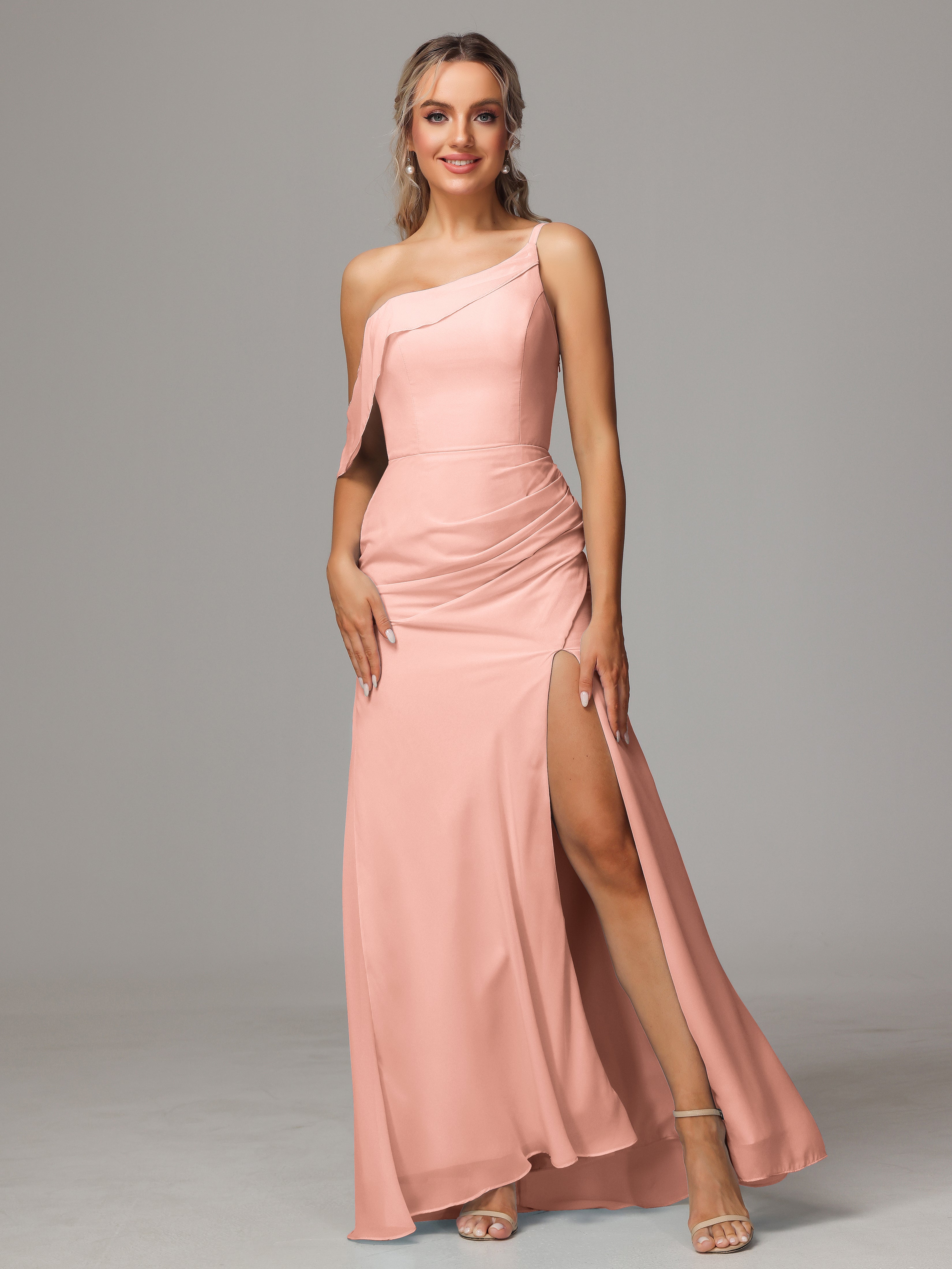 Robes Demoiselles D Honneur Corail Trapèze Décolleté Asymétrique Mousseline Longue Robes Demoiselle D'Honneur