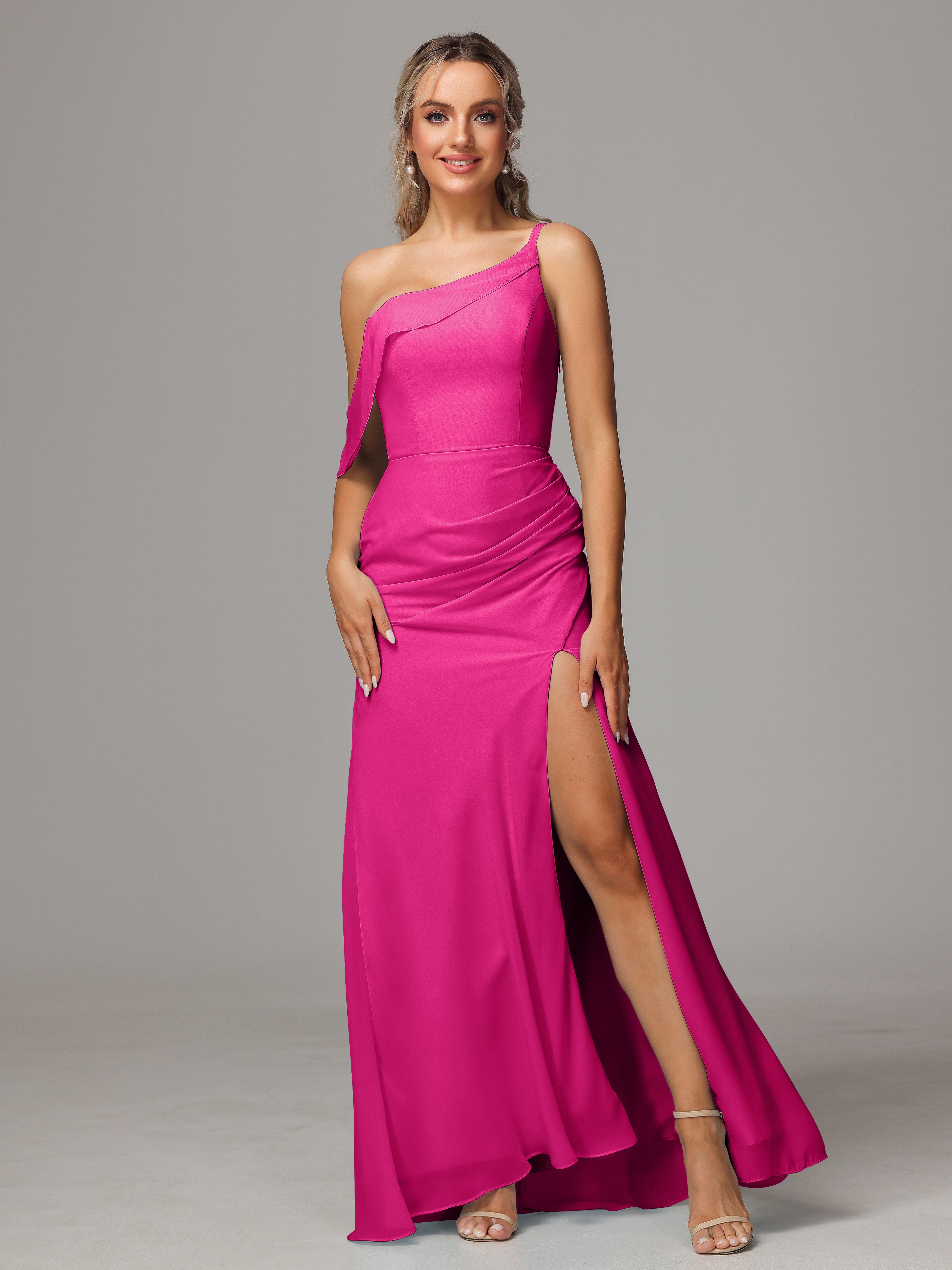 Robes De Demoiselle D'Honneur Rose Fuchsia Couleur Trapèze Décolleté Asymétrique Mousseline Longue Robes Demoiselle D'Honneur