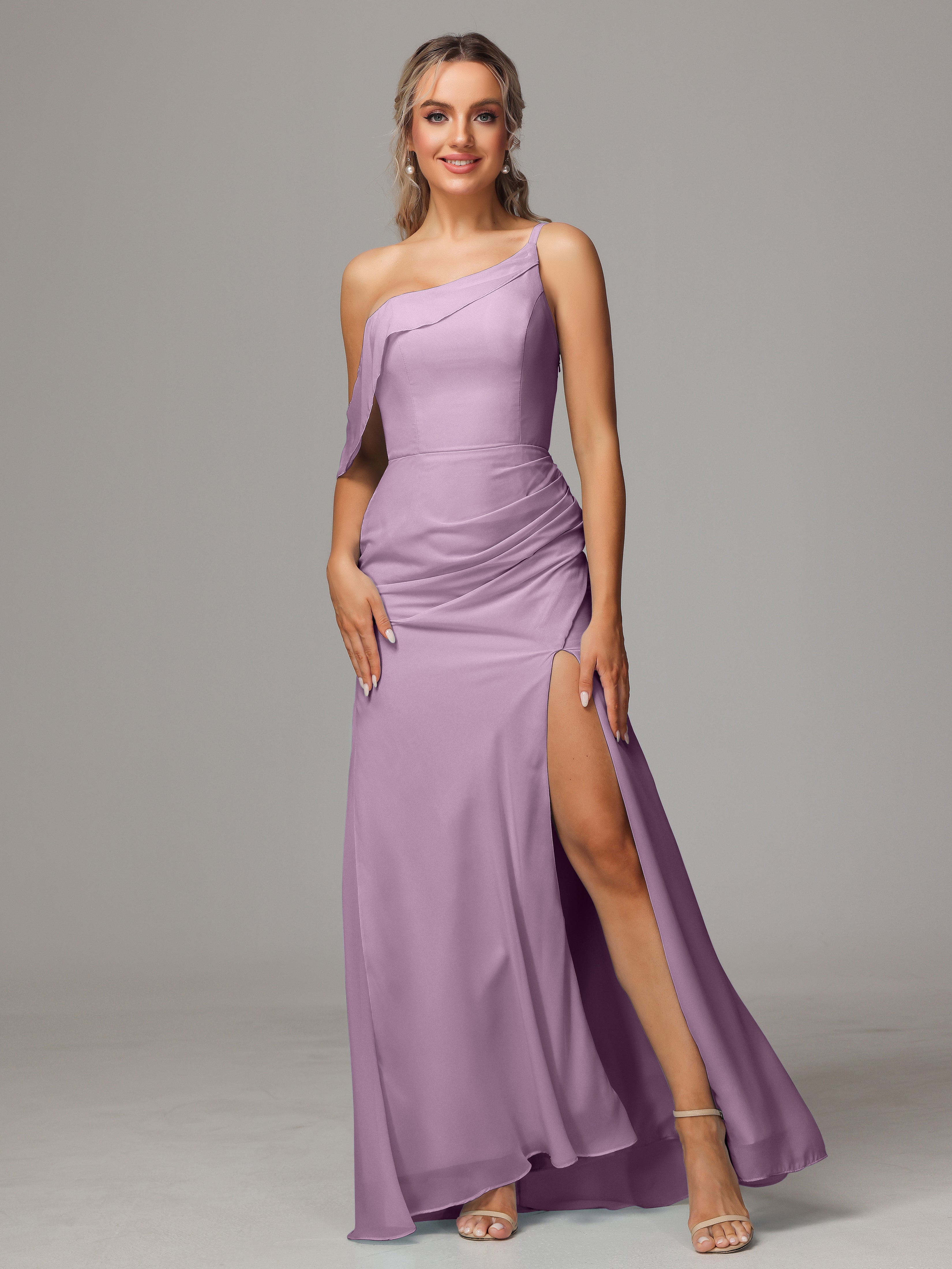 Robes De Demoiselle D'Honneur Glycine Trapèze Décolleté Asymétrique Mousseline Longue Robes Demoiselle D'Honneur