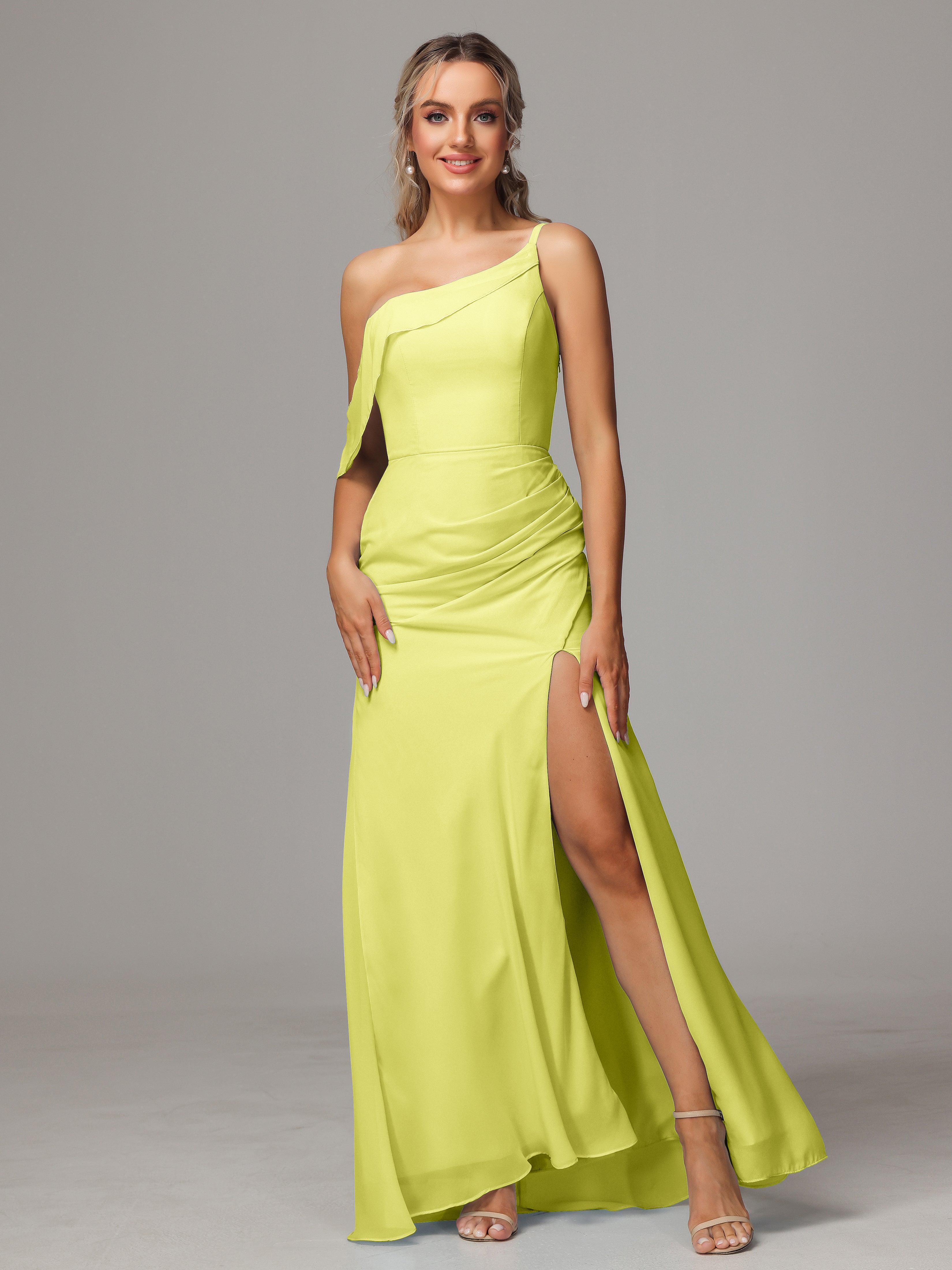 Robes De Demoiselle D'Honneur Jonquille Trapèze Décolleté Asymétrique Mousseline Longue Robes Demoiselle D'Honneur