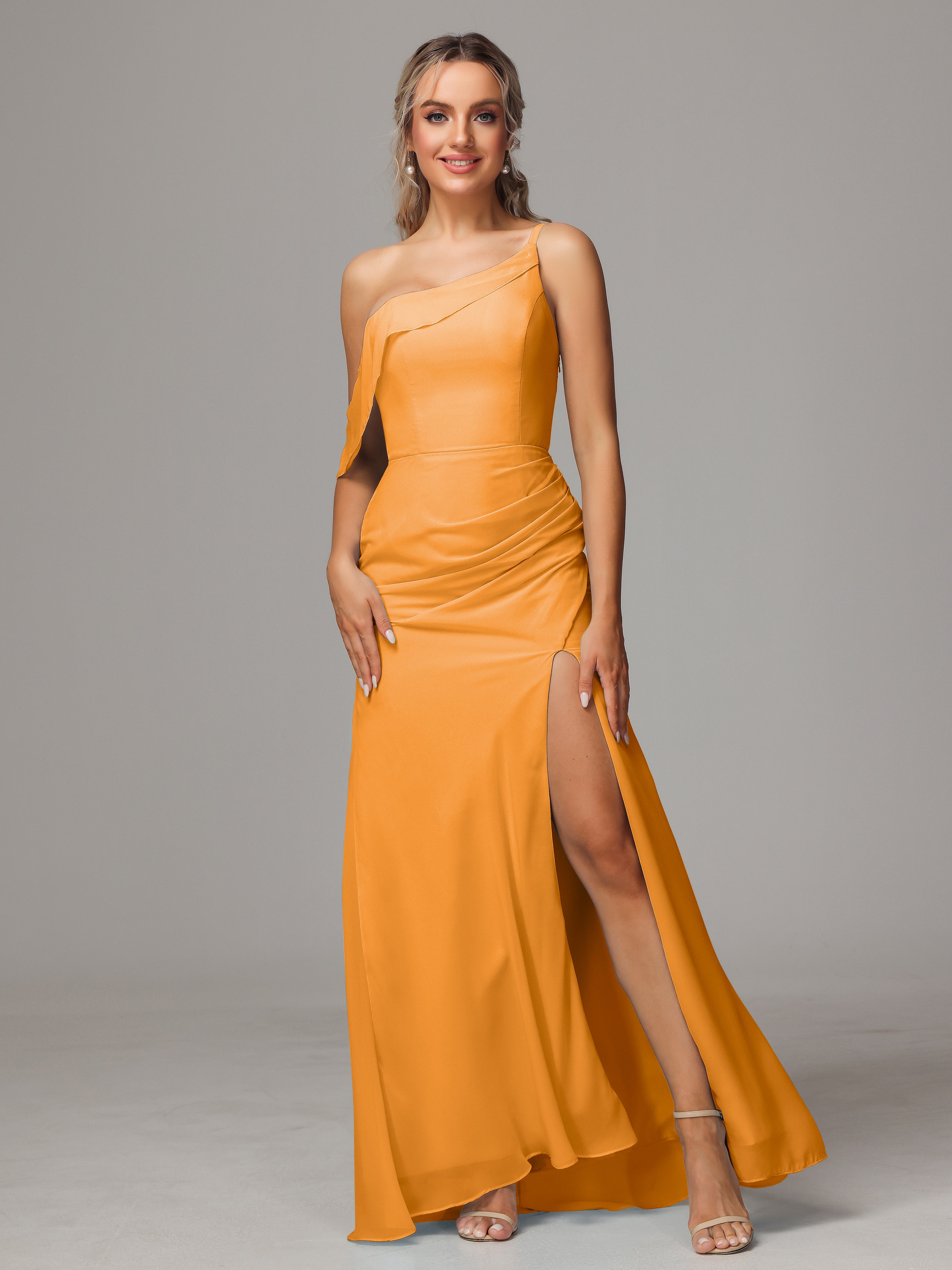 Robes De Demoiselle D'Honneur Mandarine Trapèze Décolleté Asymétrique Mousseline Longue Robes Demoiselle D'Honneur