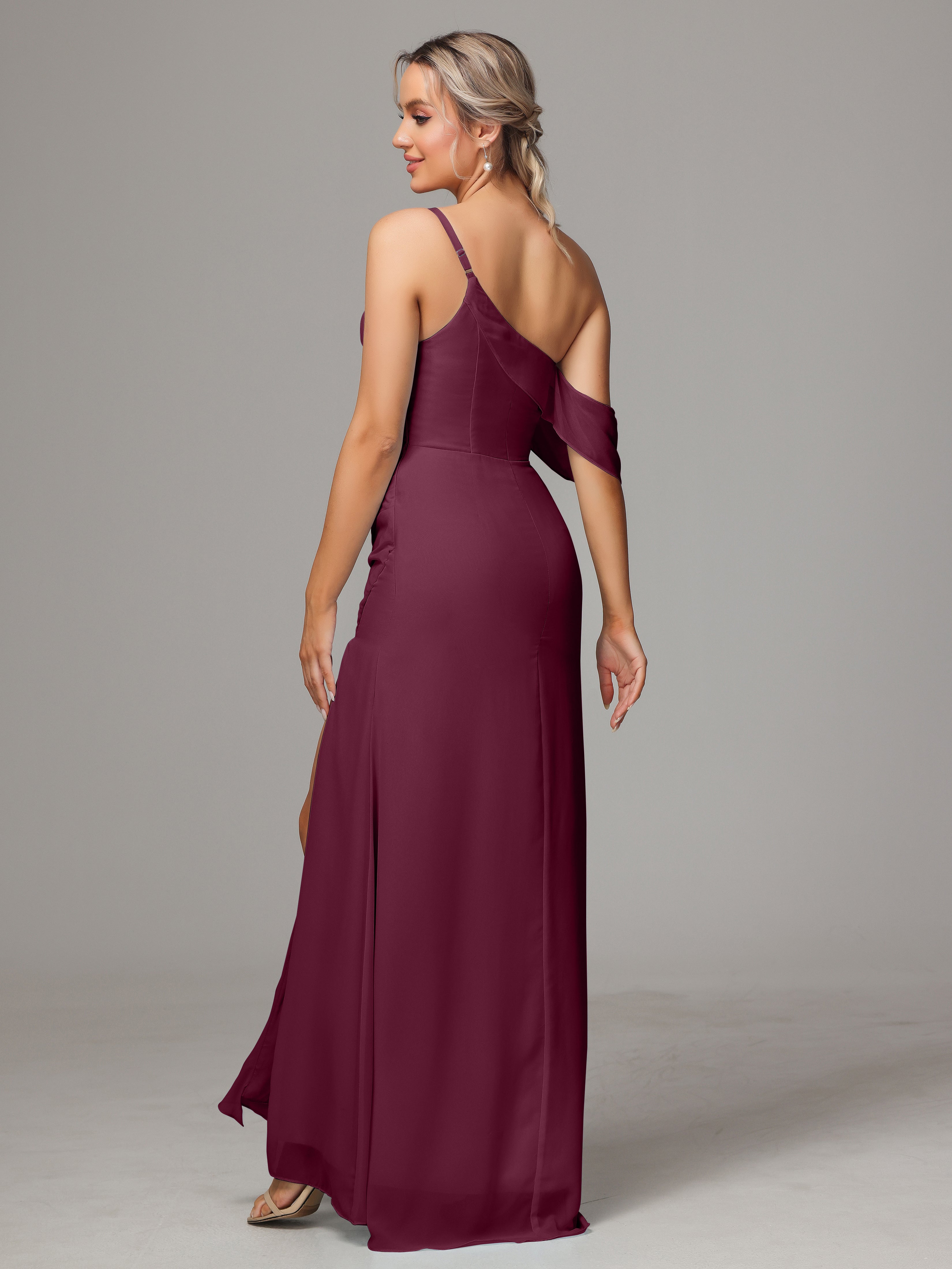 Robes De Demoiselle D'Honneur Mûre Trapèze Décolleté Asymétrique Mousseline Longue Robes Demoiselle D'Honneur