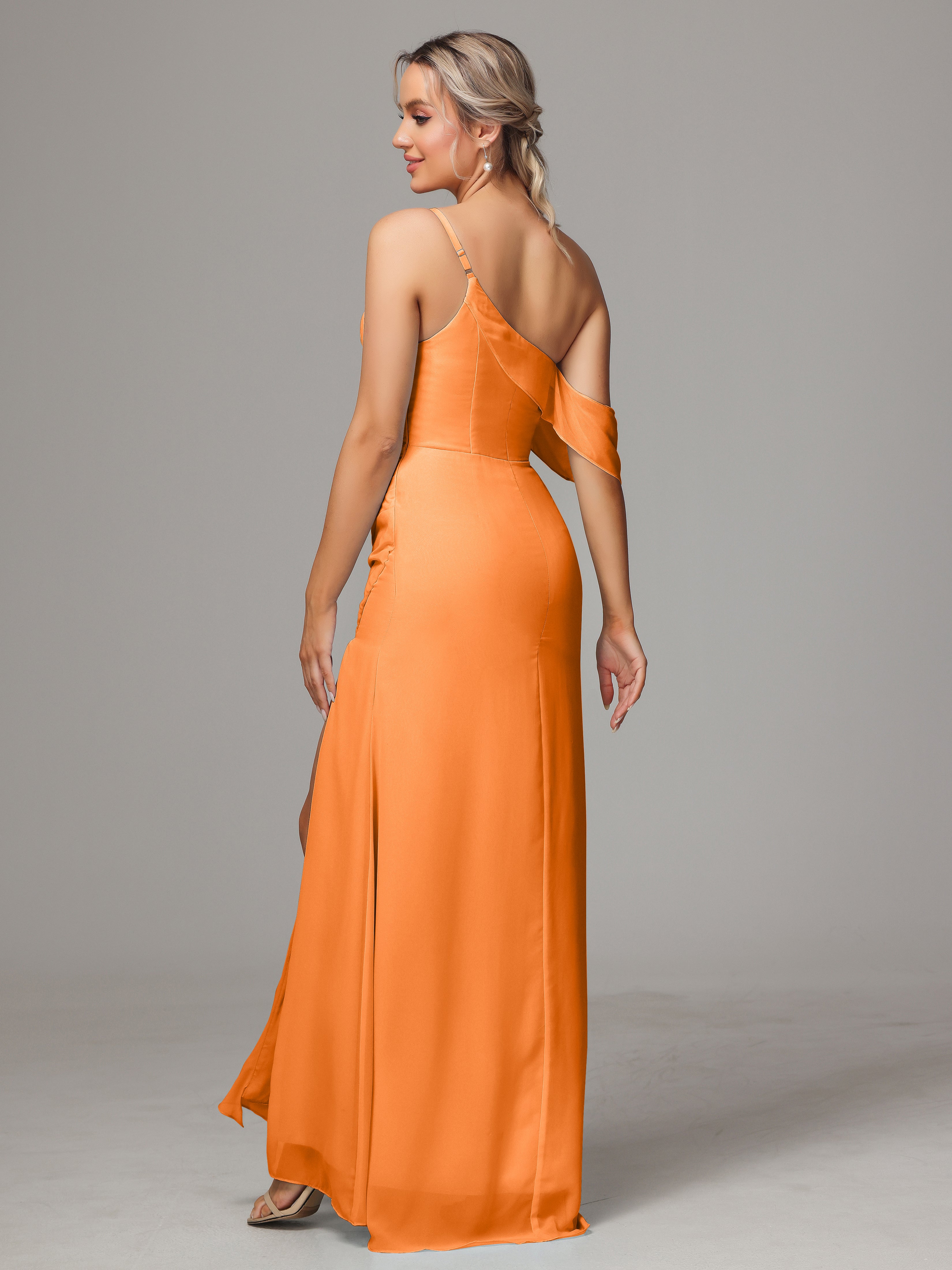 Robe Orange Demoiselle D Honneur Trapèze Décolleté Asymétrique Mousseline Longue Robes Demoiselle D'Honneur