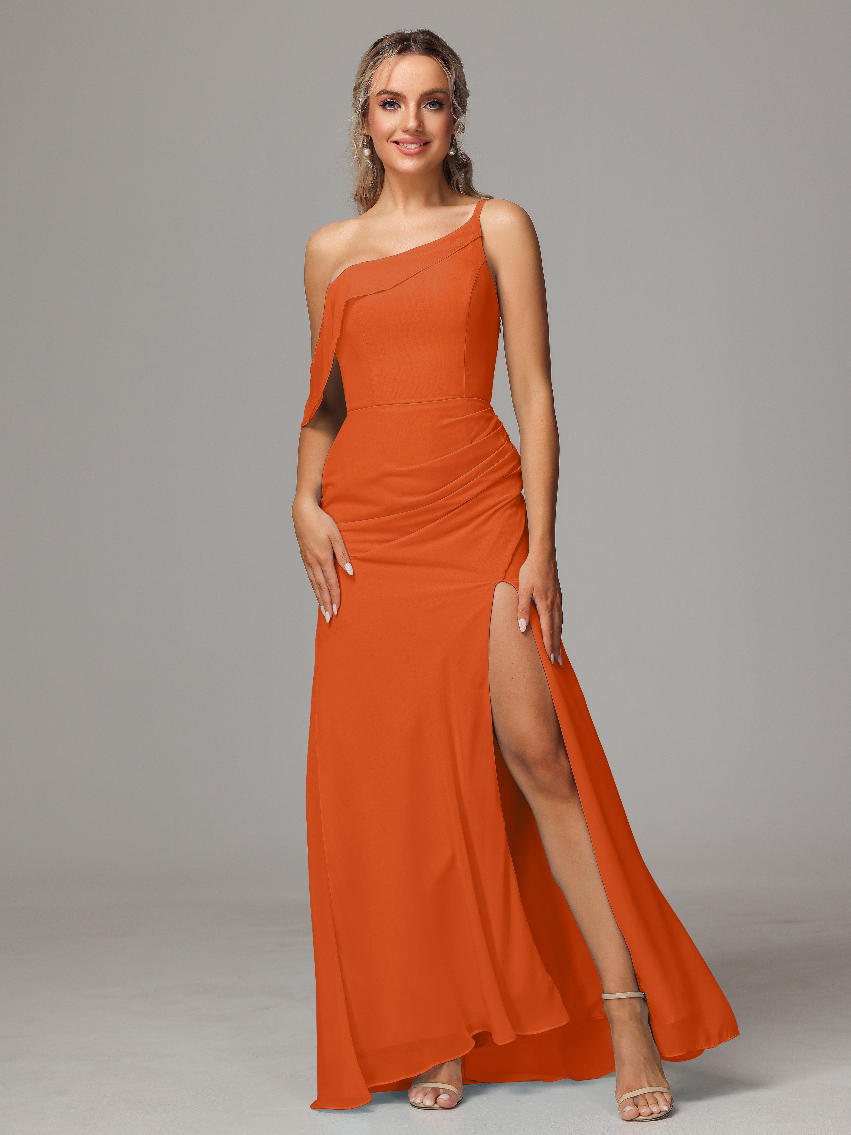 Robes De Demoiselle D'Honneur Orange Foncé Trapèze Décolleté Asymétrique Mousseline Longue Robes Demoiselle D'Honneur